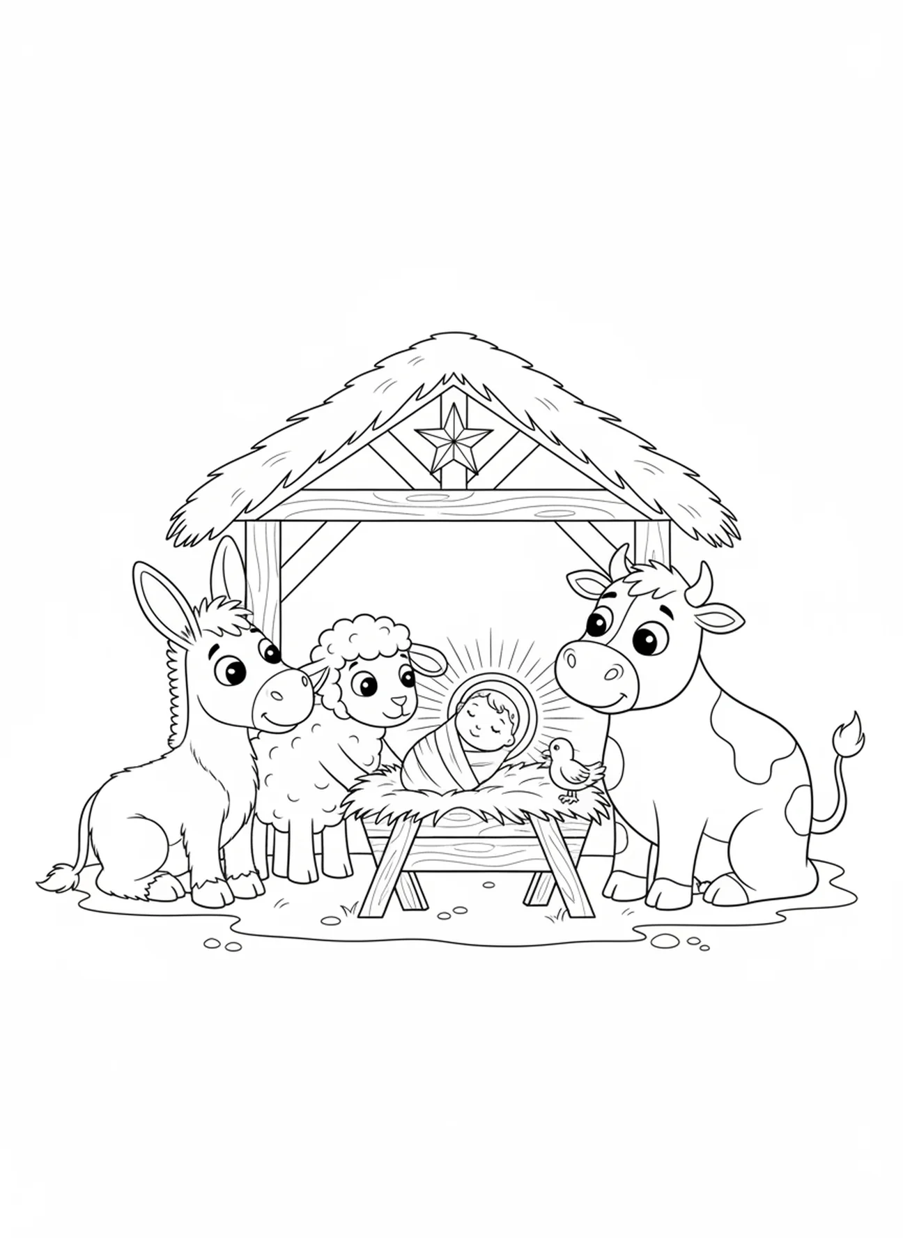 Verschiedene Cartoon-Tiere, Ausmalbild von der Krippe in Bethlehem für Kinder im Alter von 5-10 Jahren