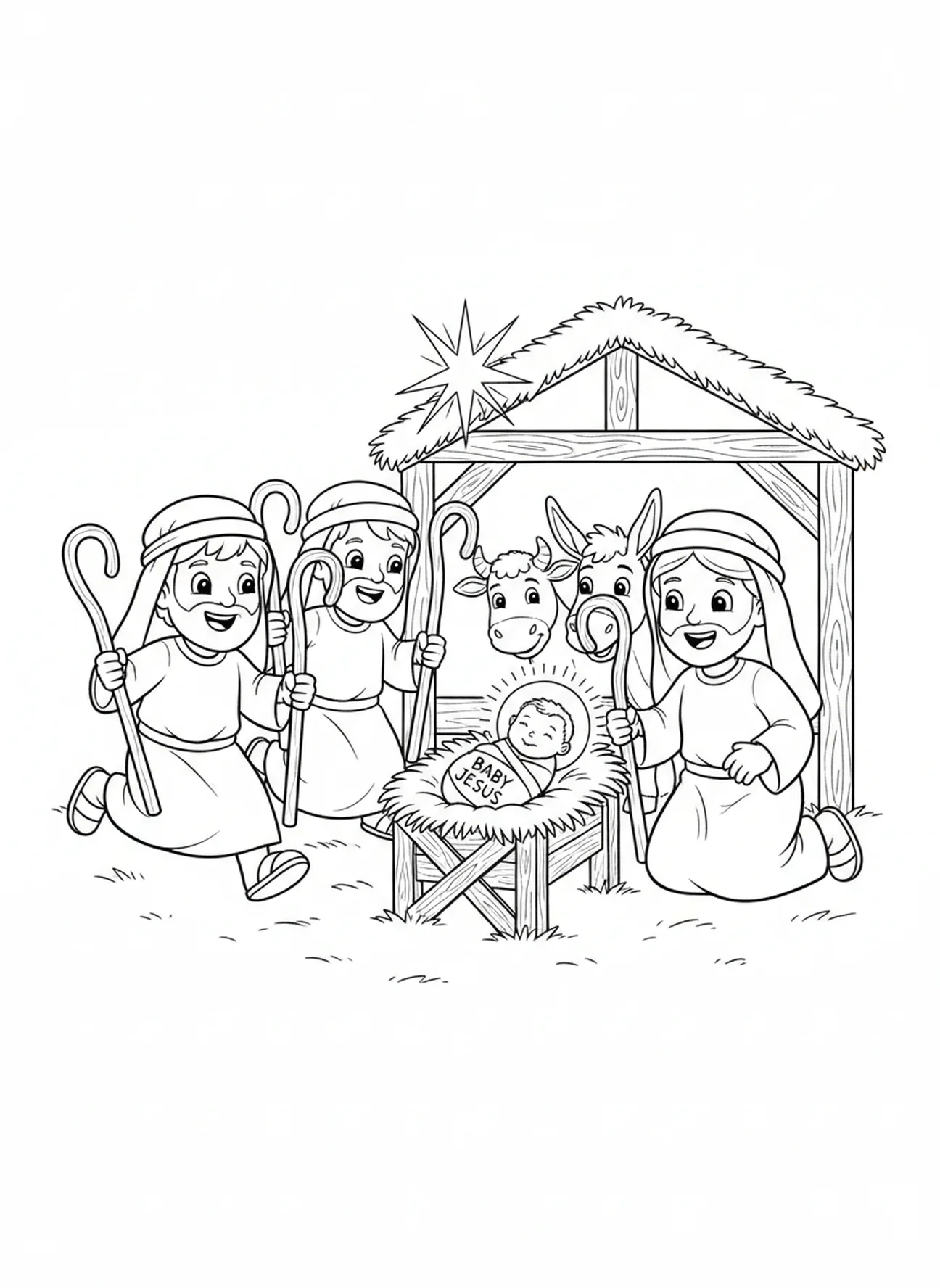 Aufgeregte Hirten, Ausmalbild von der Krippe in Bethlehem für Kinder im Alter von 5-10 Jahren