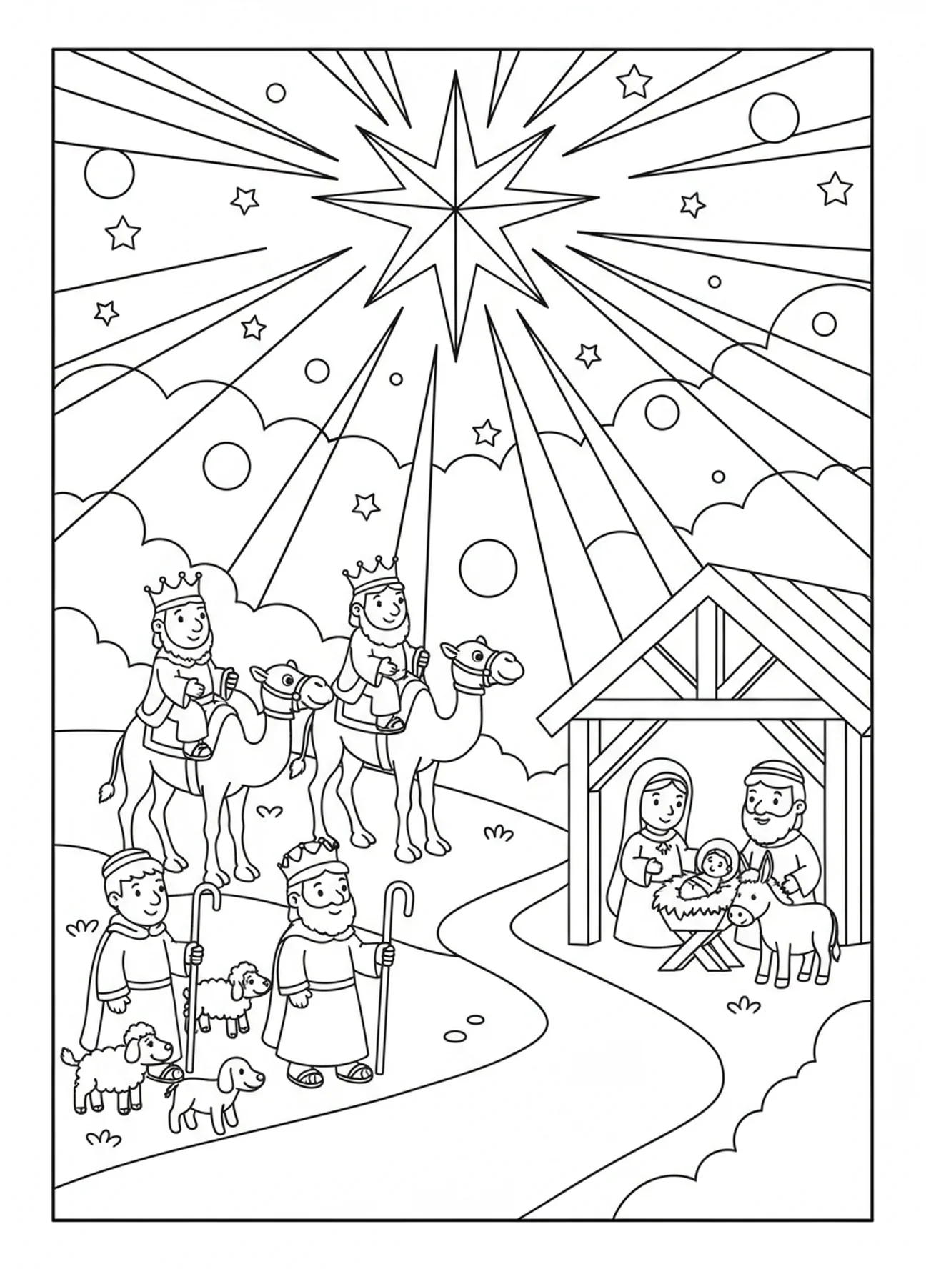 Heller Leitstern, Ausmalbild für den Stall in Bethlehem für Kinder im Alter von 5-10 Jahren