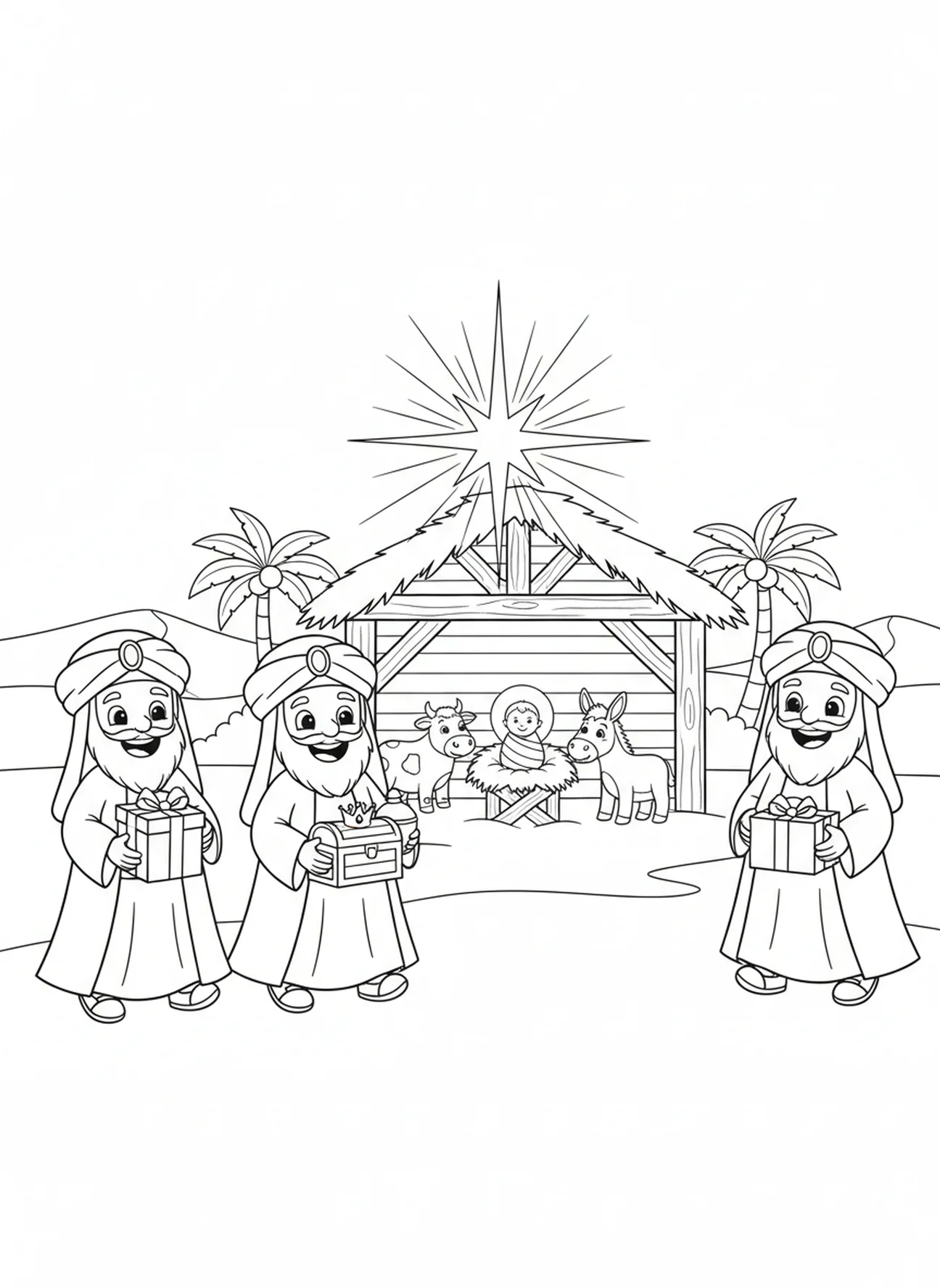 Drei weise Männer mit Geschenken, Ausmalbild von der Krippe in Bethlehem für Kinder im Alter von 5-10 Jahren