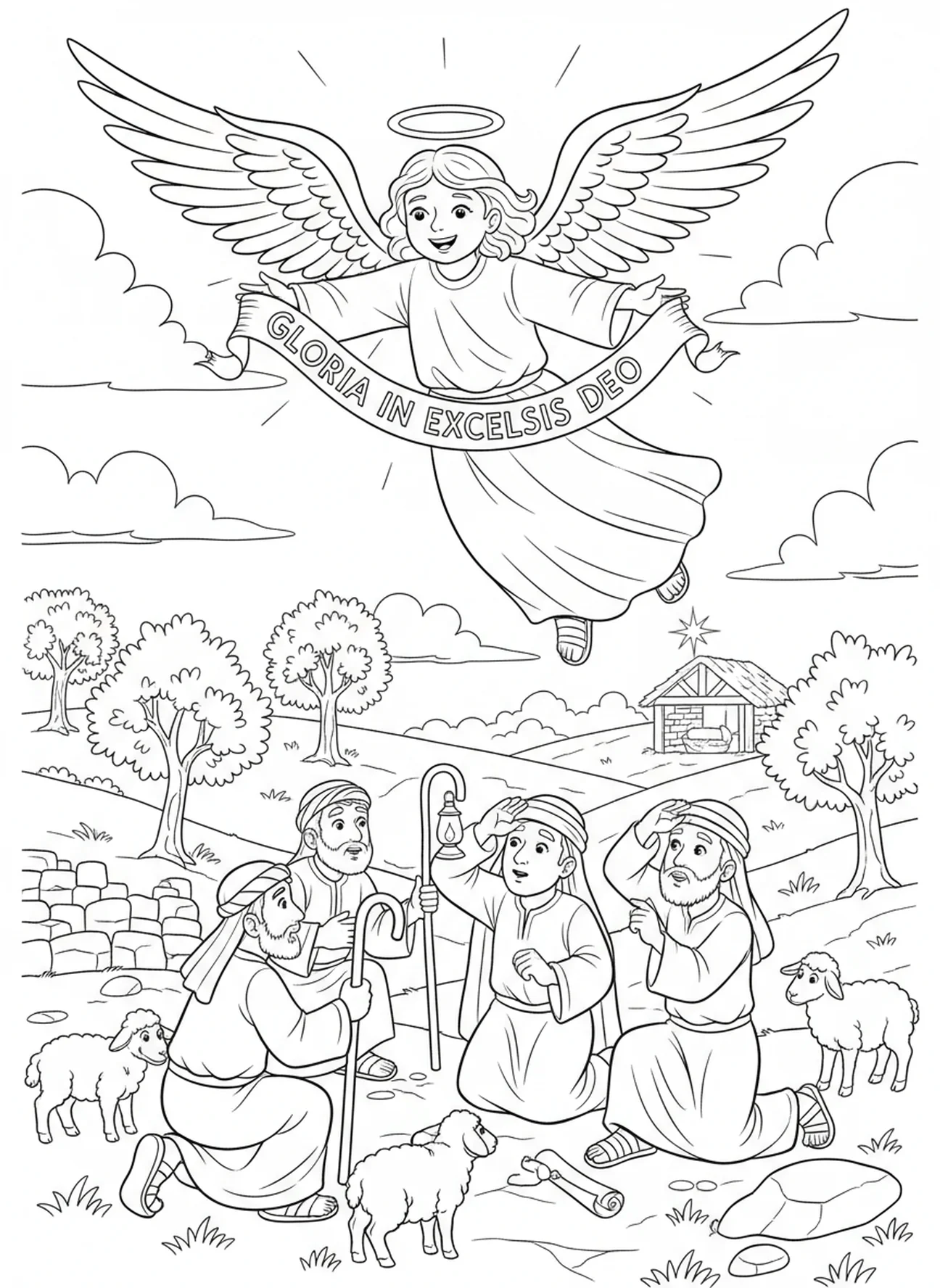 Page à colorier de l'ange annonçant la naissance de Jésus dans une étable à Bethléem pour les enfants de l'école du dimanche âgés de 5 à 12 ans.