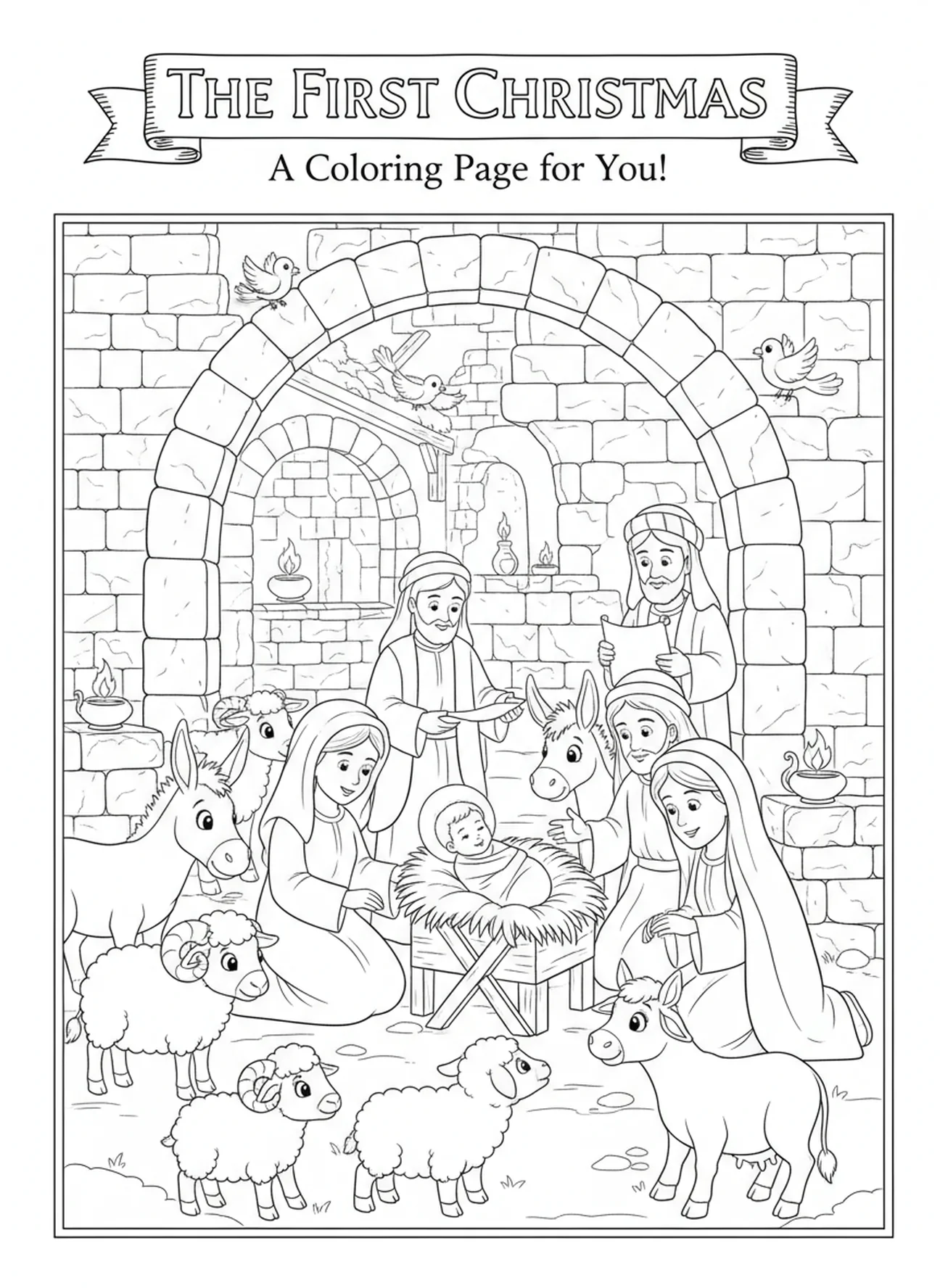 Coloriage des animaux rassemblés, Étable de Bethléem pour les enfants de l'École du dimanche âgés de 5 à 12 ans.