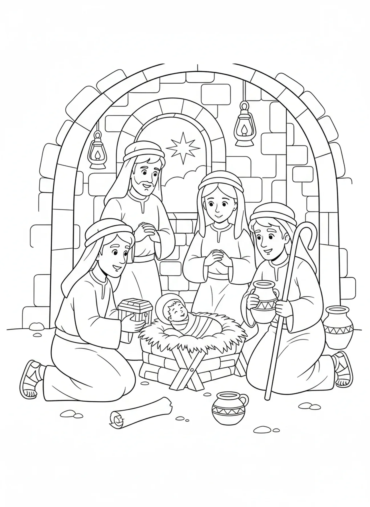 Bergers à genoux, page à colorier de la crèche de Bethléem pour les enfants de l'École du dimanche âgés de 5 à 12 ans.