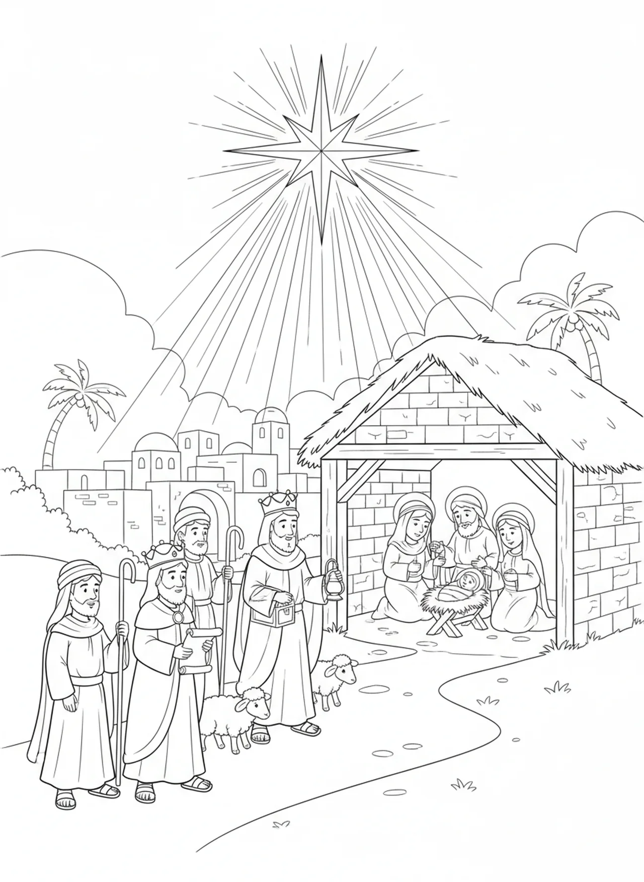Étoile guide, page à colorier de la crèche de Bethléem pour les enfants de l'École du dimanche âgés de 5 à 12 ans.