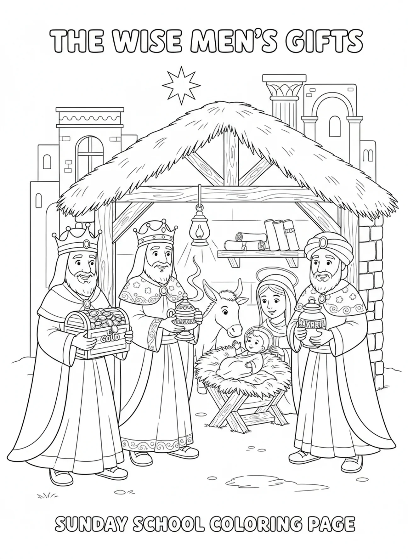 Trois rois mages, page à colorier de la crèche de Bethléem pour les enfants de l'École du dimanche âgés de 5 à 12 ans.