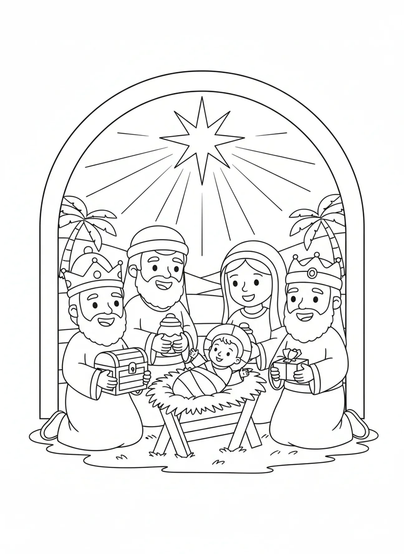 Magi apresentando presentes, página para colorir da Estrela de Belém para crianças de 5 a 10 anos.