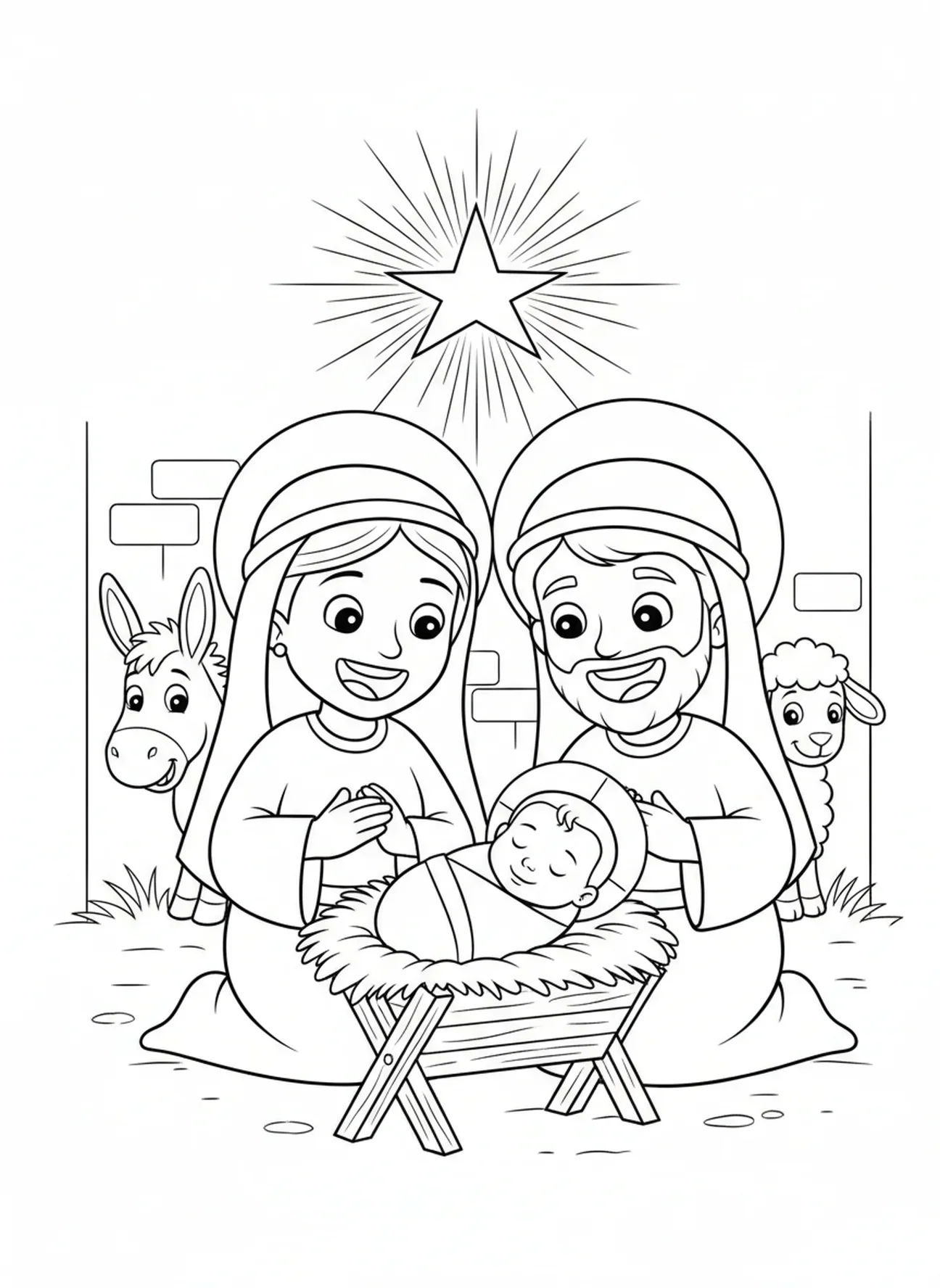 Maria e José com o bebê Jesus, página de colorir da Estrela de Belém para crianças de 5 a 10 anos.