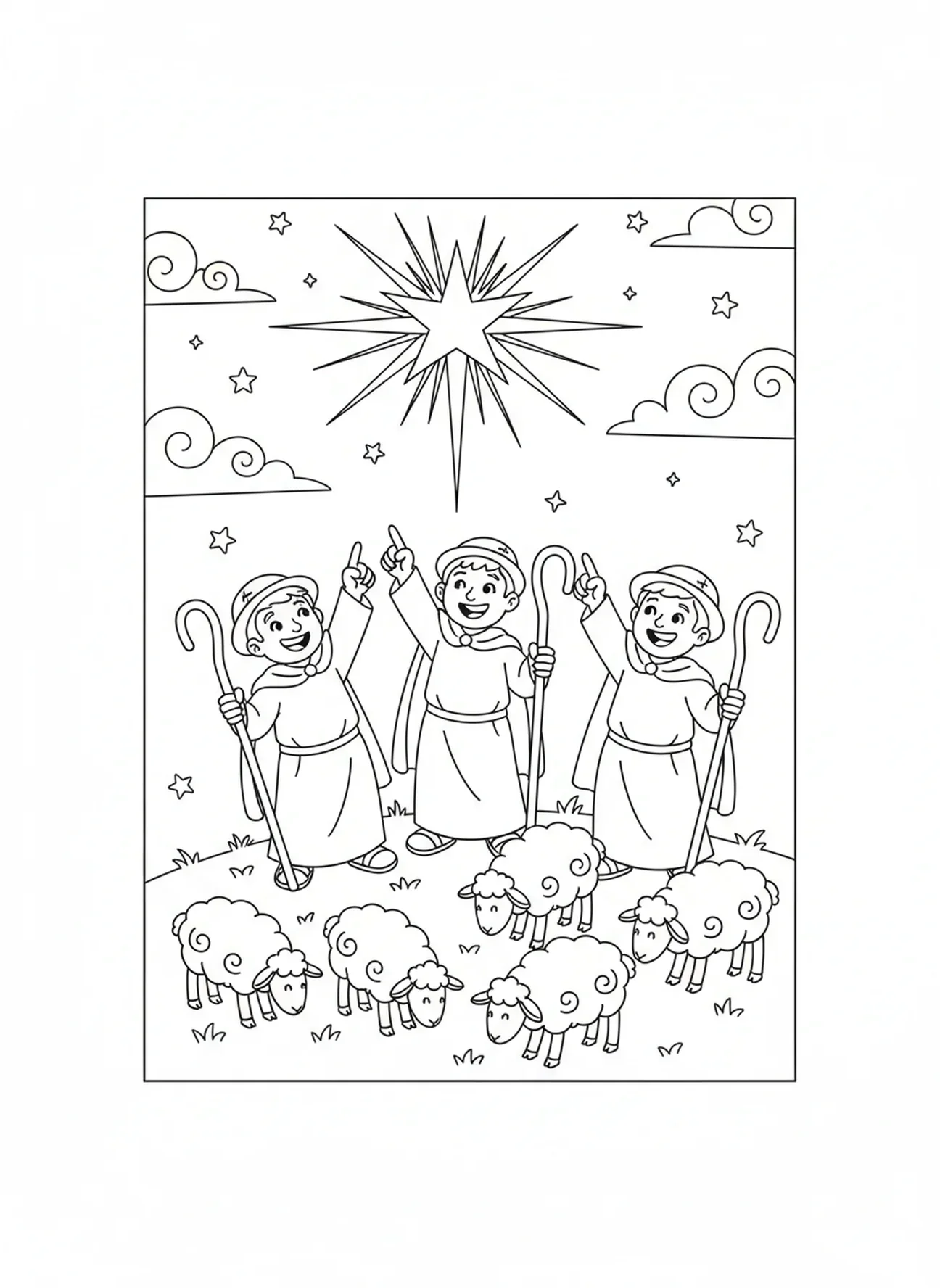 Grupo de pastores alegres, página para colorir da Estrela de Belém para crianças de 5 a 10 anos.