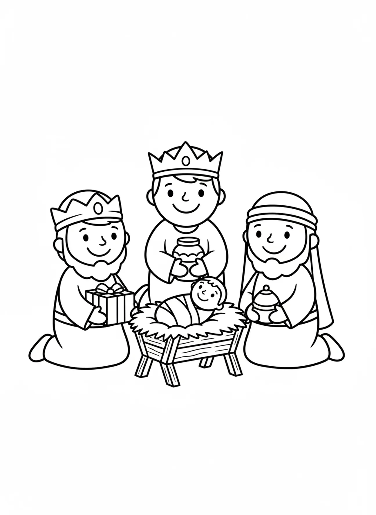 Los magos presentando regalos al niño Jesús, página para colorear de la Estrella de Belén para niños de 3 a 5 años.