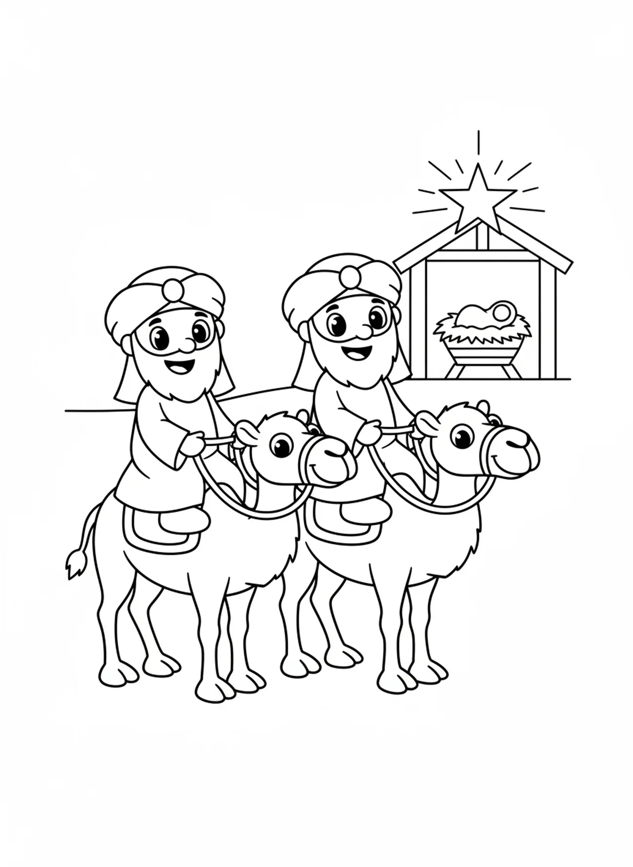 Dos magos amigables en camellos, página para colorear de la Estrella de Belén para niños de 3 a 5 años.