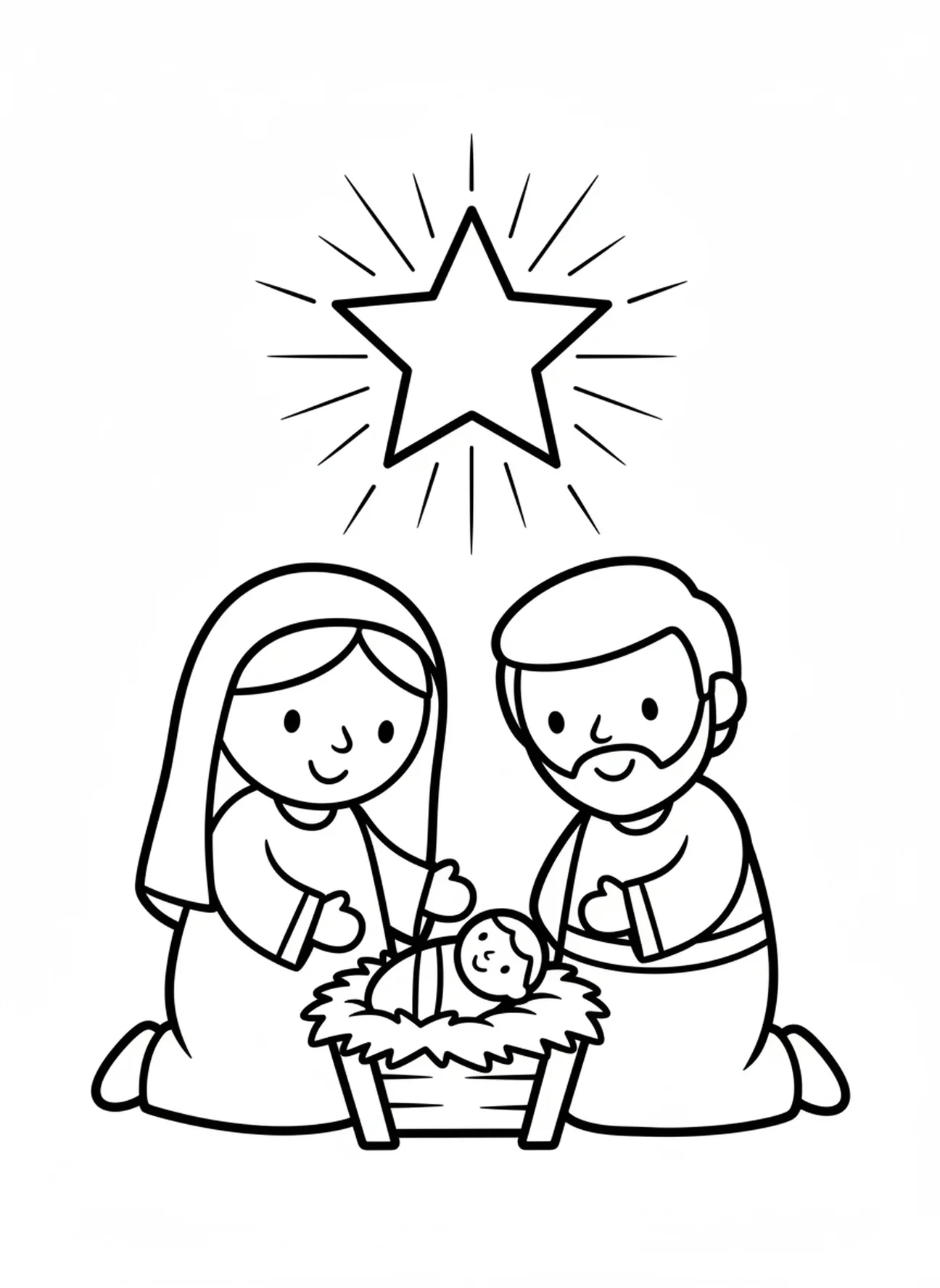 María y José con el niño Jesús, página para colorear de la Estrella de Belén para niños de 3 a 5 años.