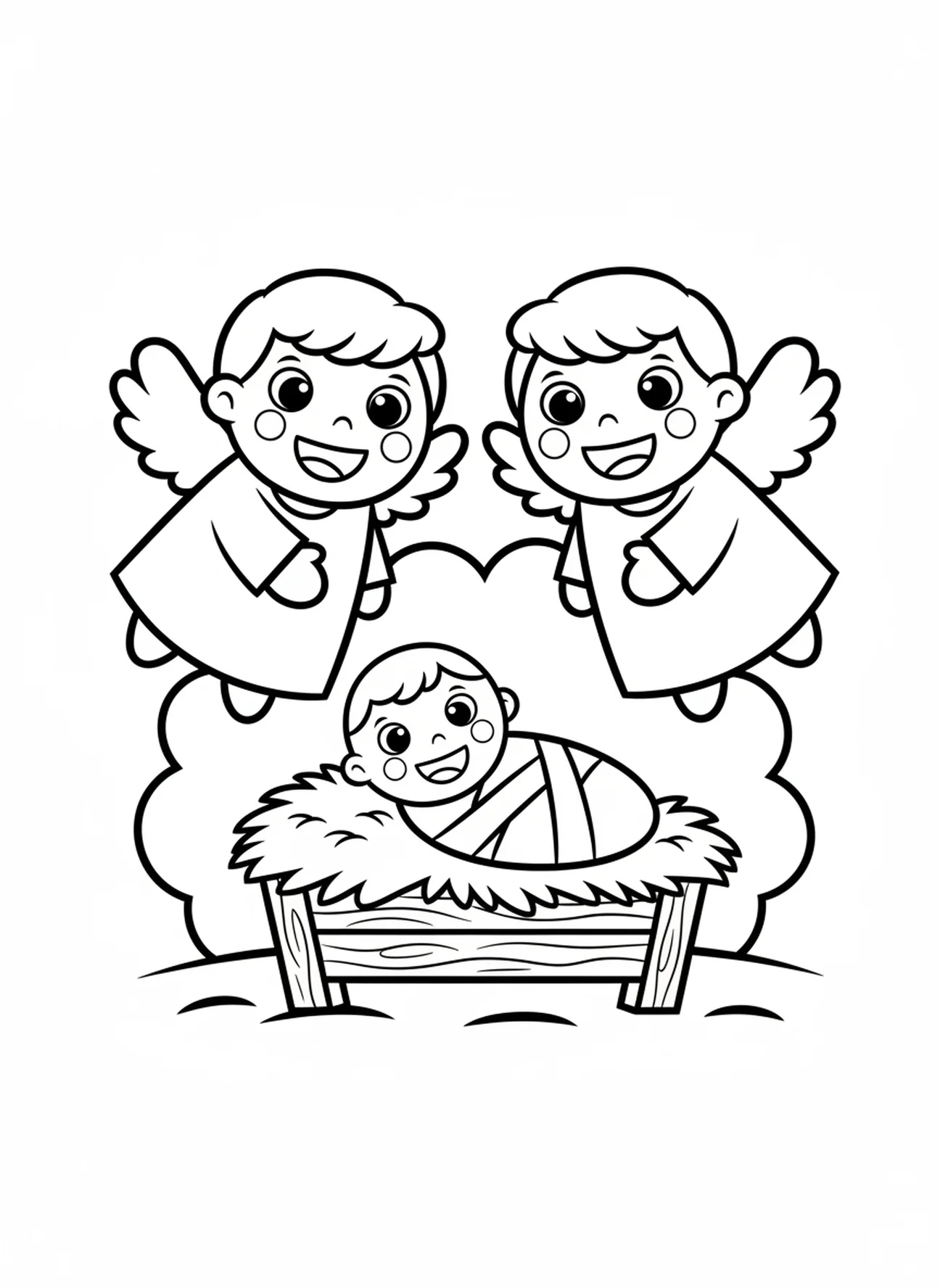 Dos ángeles alegres, página para colorear de Jesús en pañales para niños de 3 a 5 años.