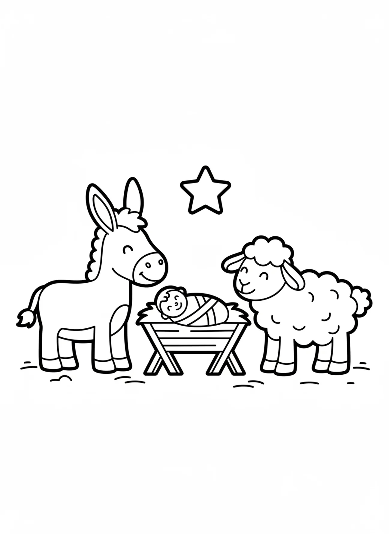 Burro y oveja amigables, página para colorear de Jesús en pañales para niños de 3 a 5 años.