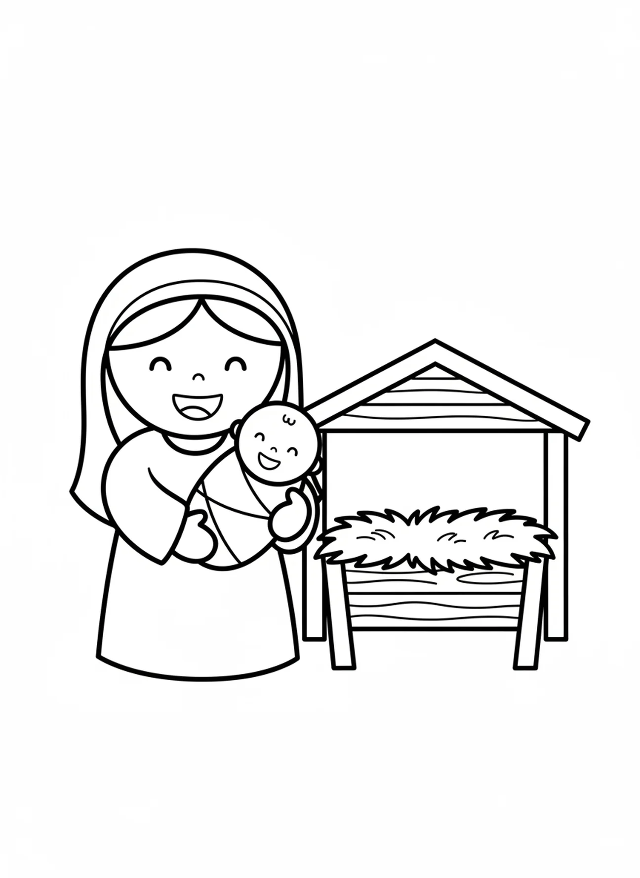 María sonriente con el bebé Jesús, página para colorear de Jesús envuelto en pañales para niños en edad preescolar de 3 a 5 años.