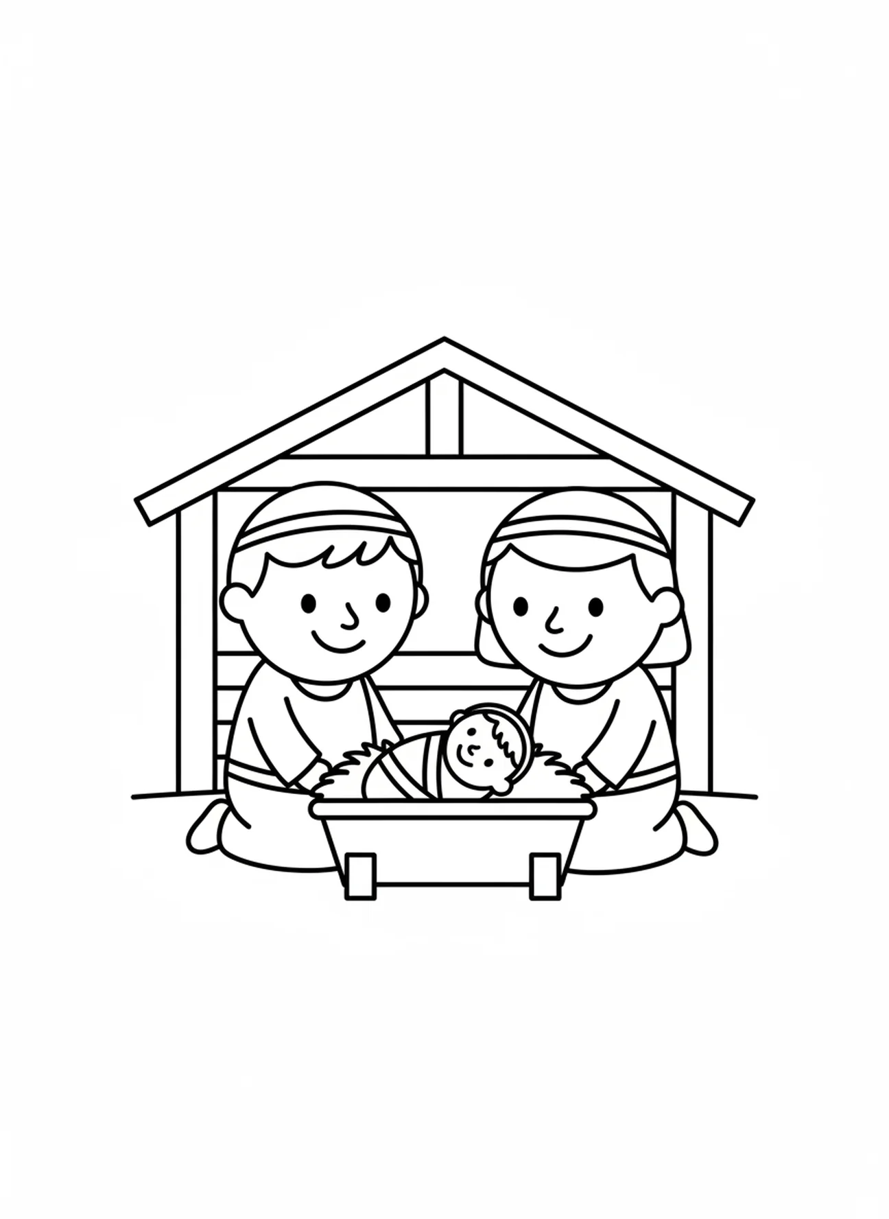 Dos pastores sonrientes, página para colorear de Jesús en pañales para niños de 3 a 5 años.