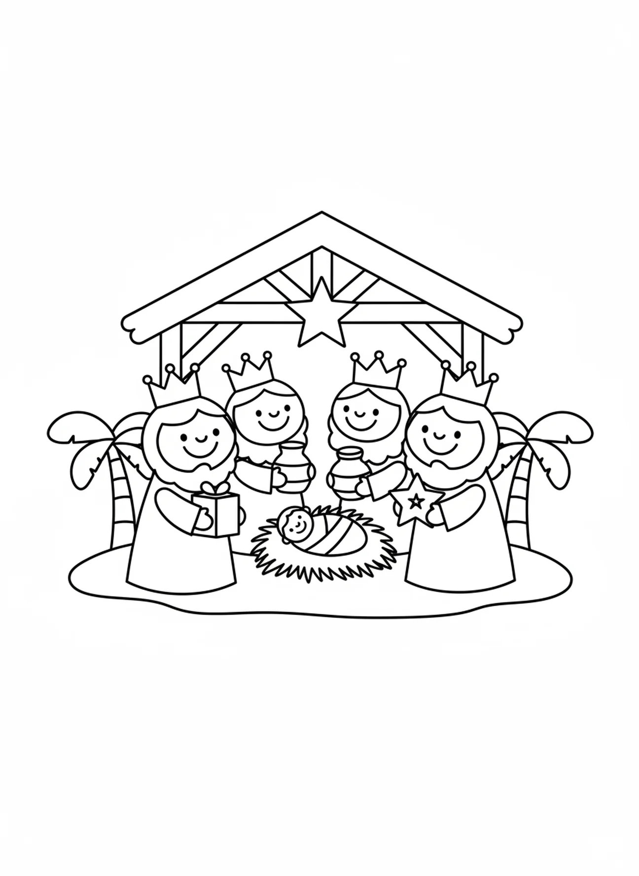 Tres sabios sonrientes, página para colorear de Jesús en pañales para niños de 3 a 5 años.