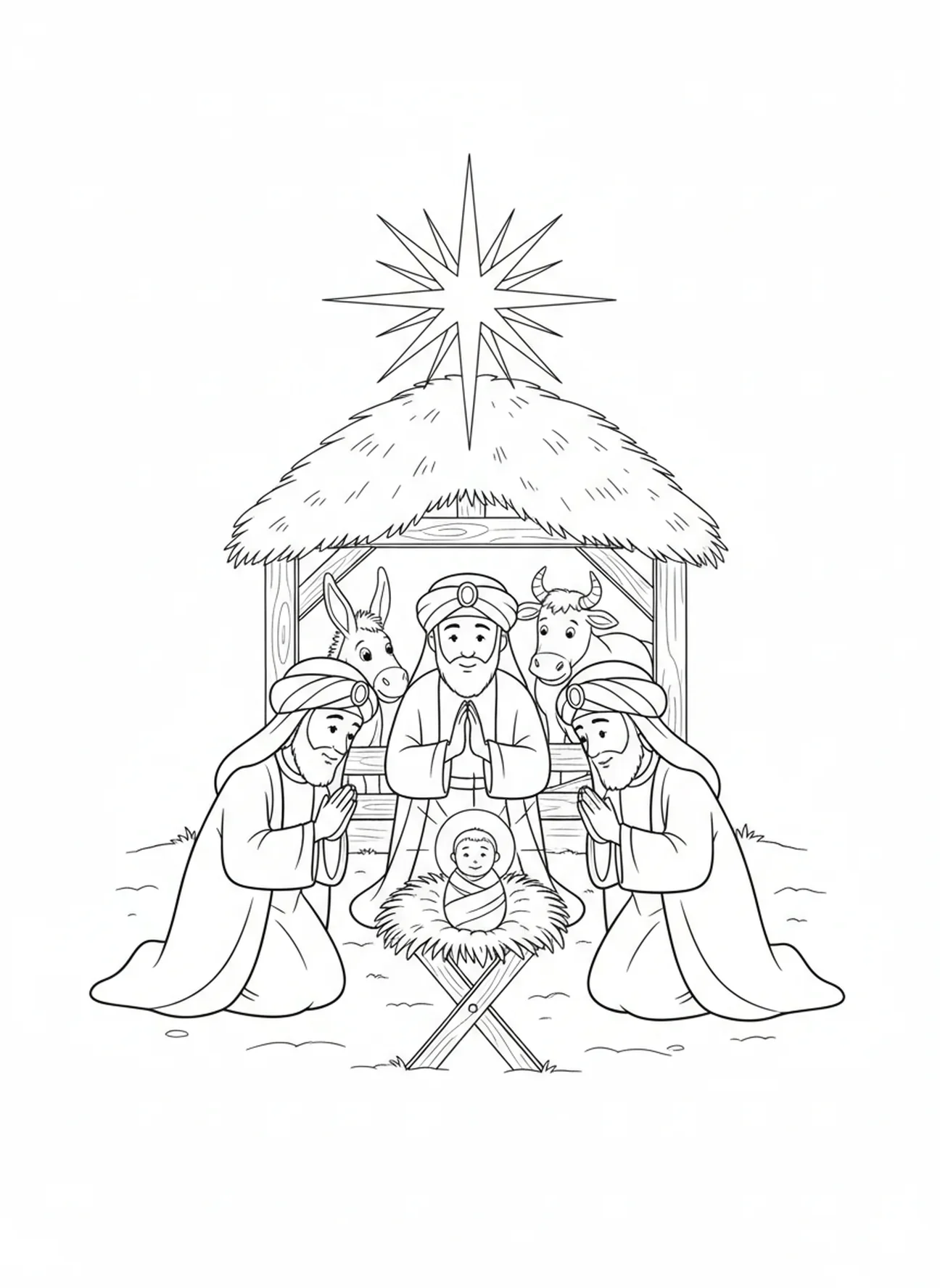 Drei cartoonhafte Weise, die vor dem Baby Jesus niederknien, Ausmalbild der Heiligen Drei Könige für Kinder im Alter von 5-10 Jahren