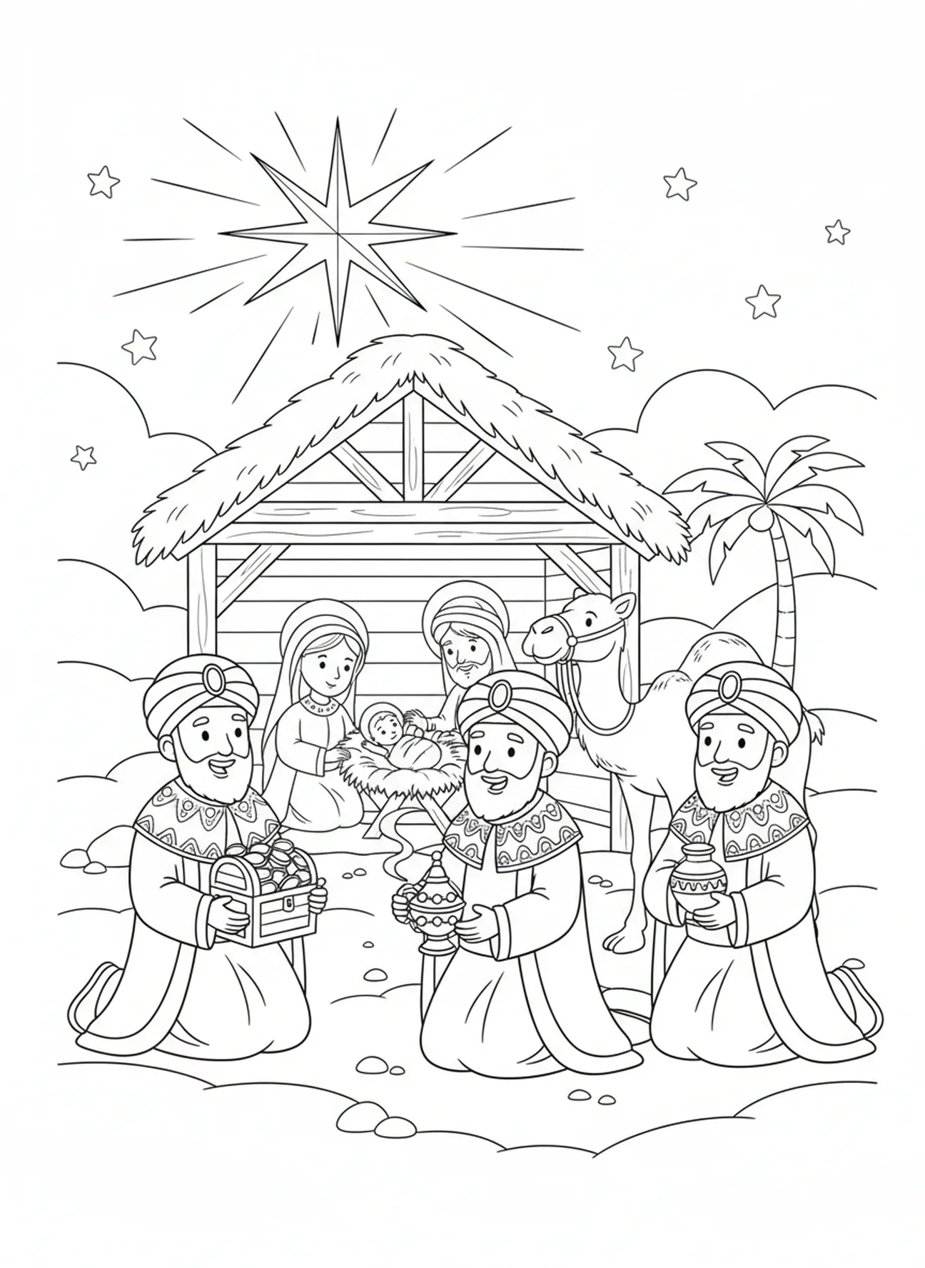 Drei cartoonhafte weise Männer, die Geschenke präsentieren, Ausmalbild der Heiligen Drei Könige, die dem Stern folgen für Kinder im Alter von 5-10 Jahren