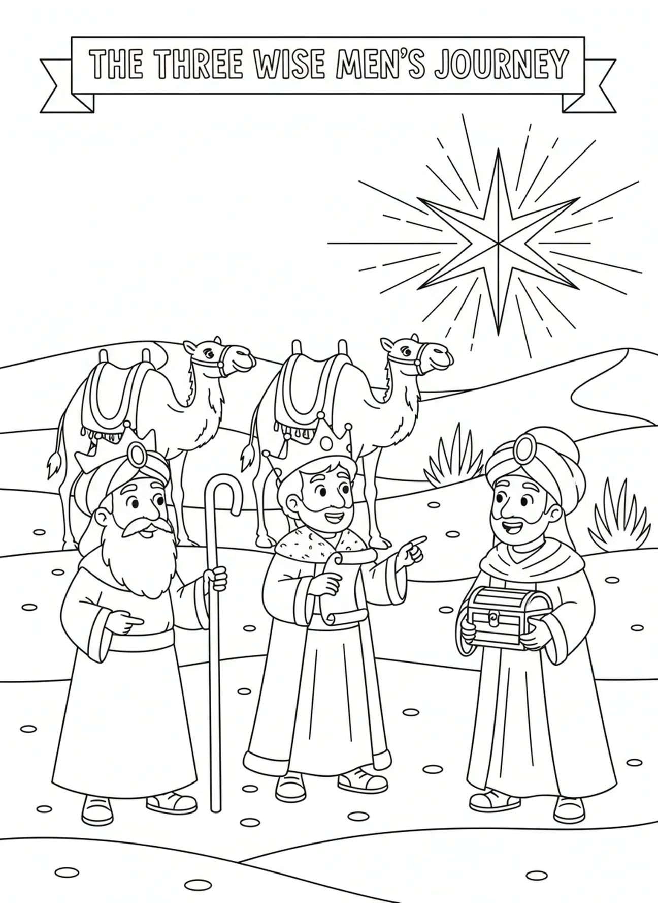 Drei cartoonhafte Weisen treffen sich in der Wüste, Ausmalbild der Heiligen Drei Könige, die dem Stern folgen für Kinder im Alter von 5-10 Jahren