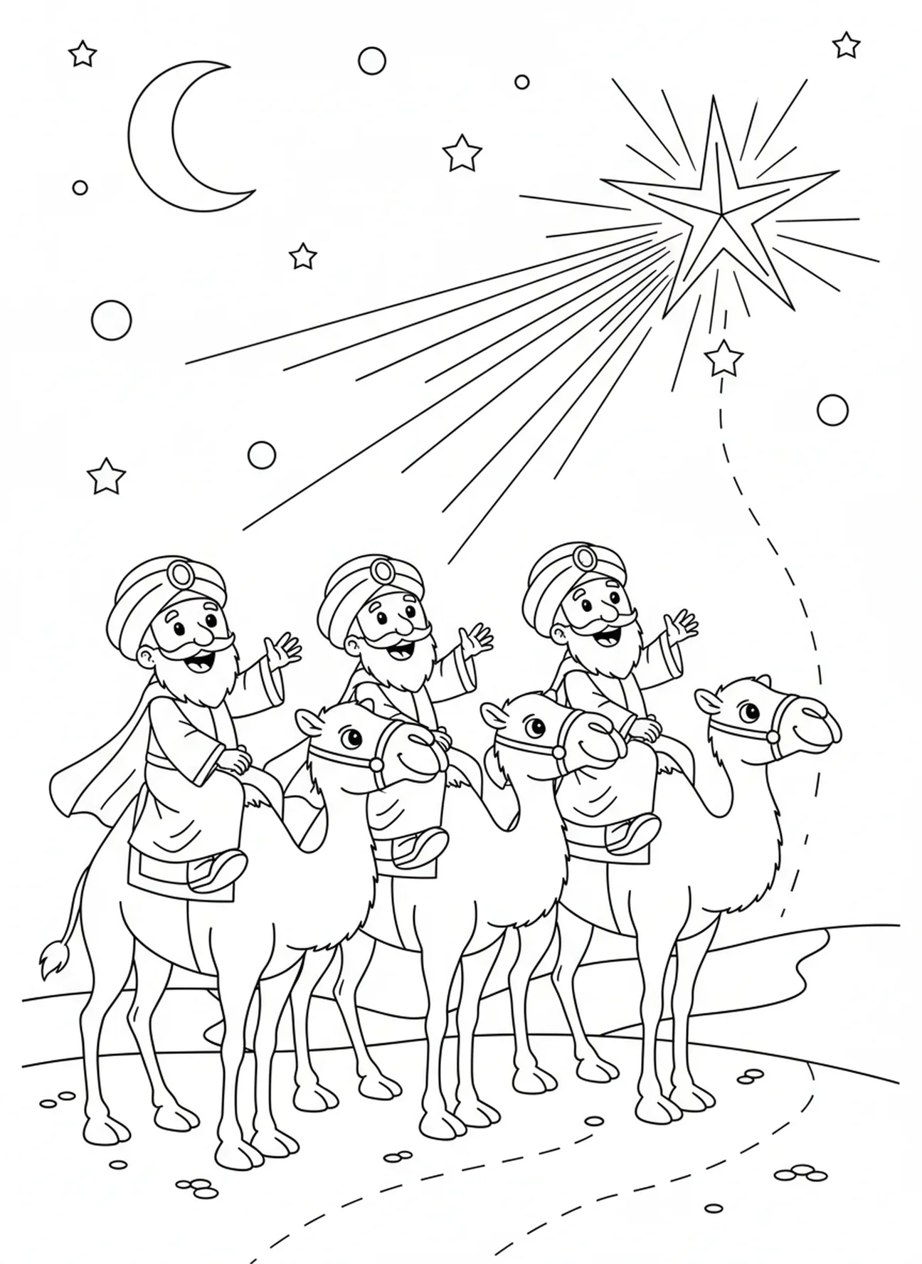 Três Reis Magos seguindo a estrela, página para colorir dos Três Reis Magos com camelos para crianças de 5 a 10 anos.