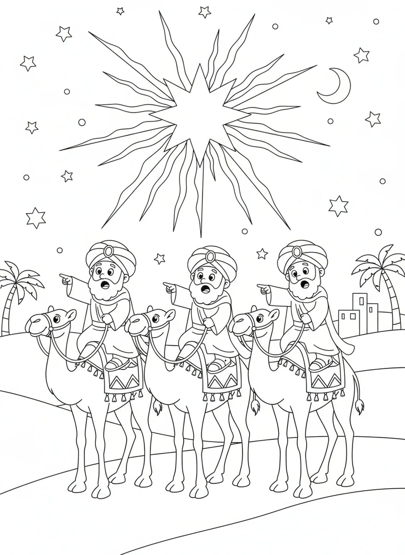 Três Reis Magos no deserto à noite, página para colorir dos Reis Magos com camelos para crianças de 5 a 10 anos.