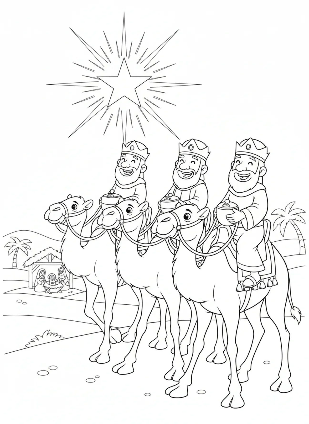 Reis Magos deixando o estábulo, página para colorir dos Três Reis Magos com camelos para crianças de 5 a 10 anos.
