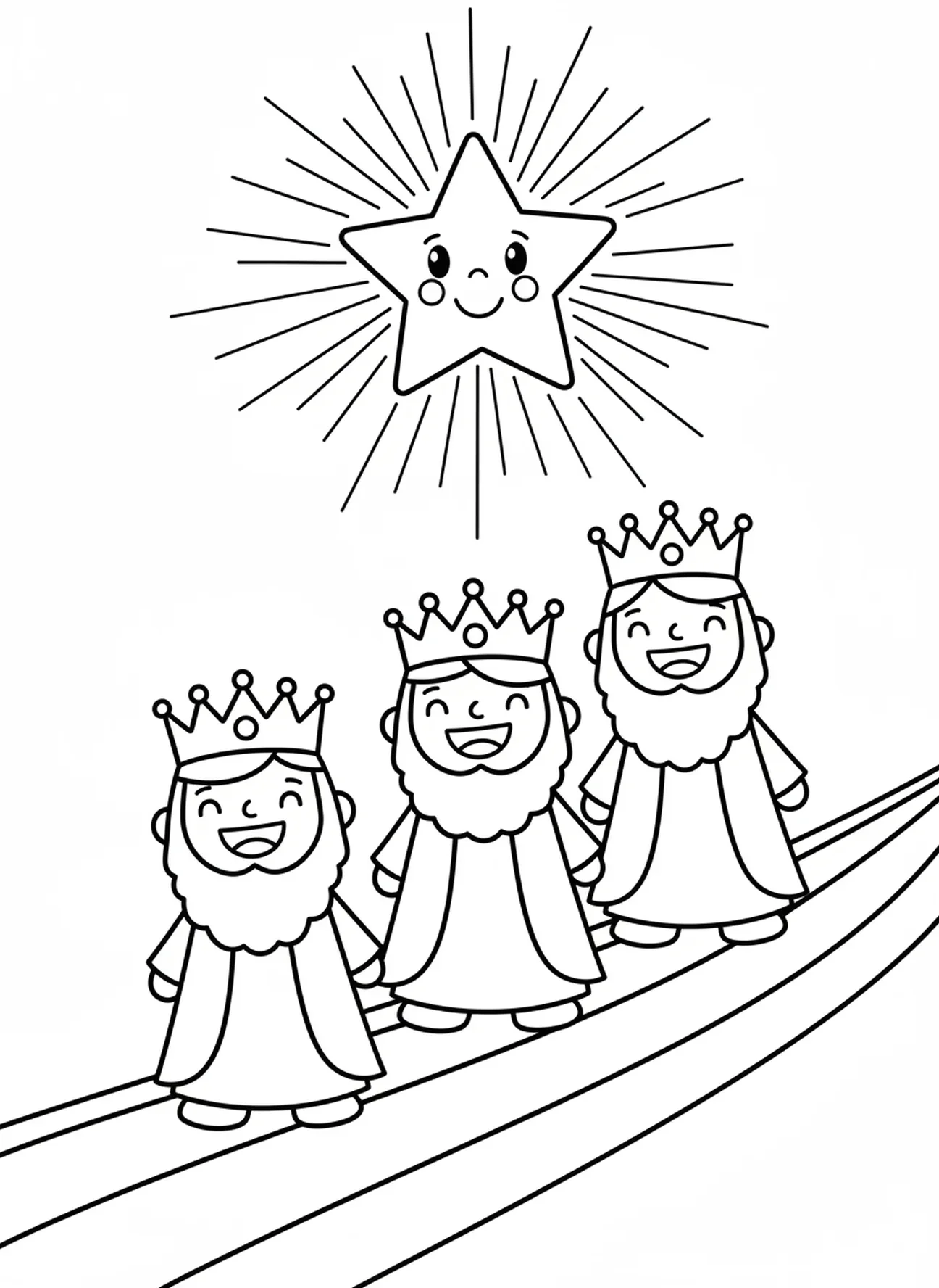 Drie Wijzen die naar een ster kijken, kleurplaat van de Drie Wijzen voor peuters van 3-5 jaar.