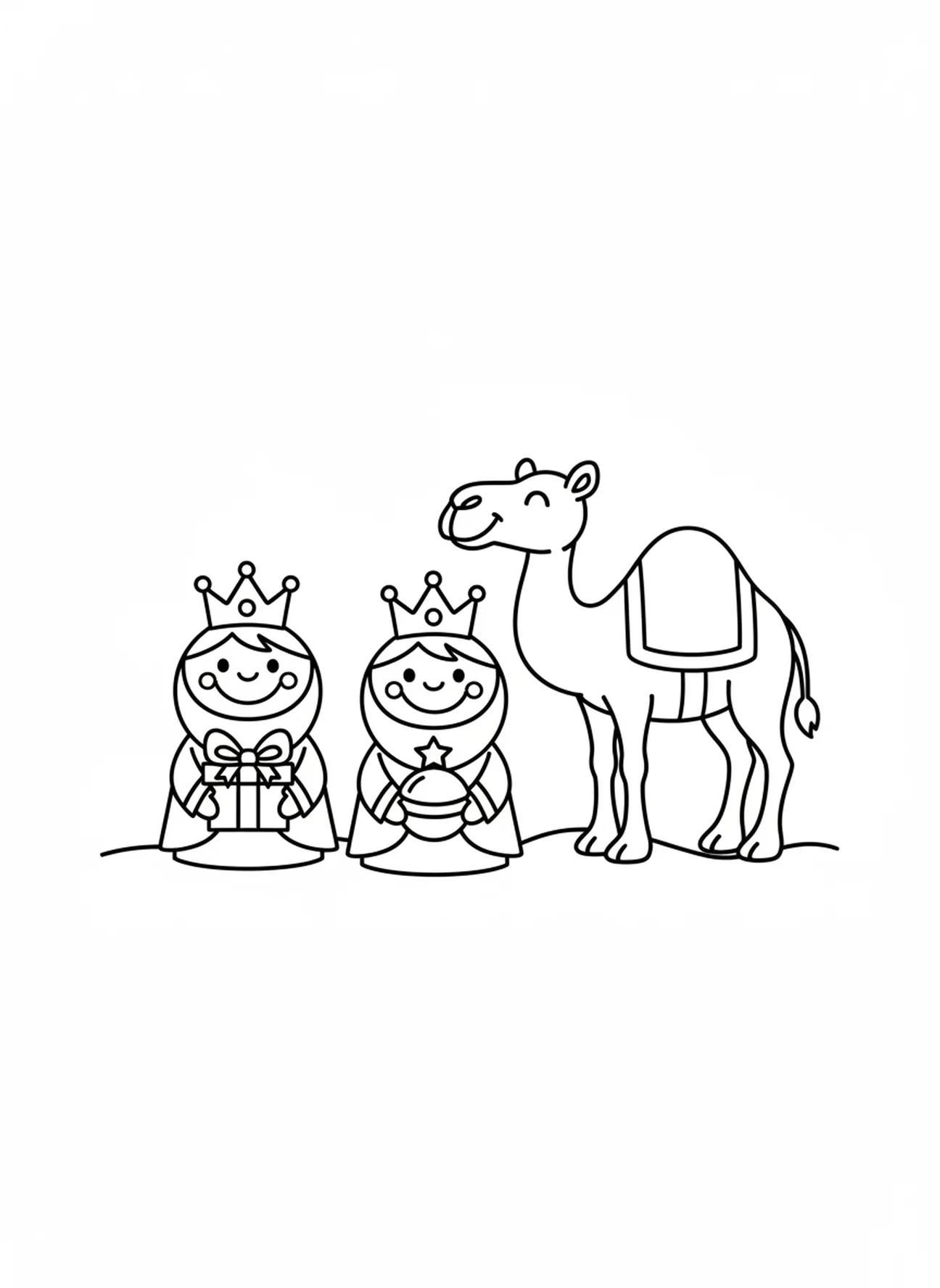 Twee blije Wijzen en een kameel, kleurplaat van de Drie Wijzen voor peuters van 3-5 jaar.