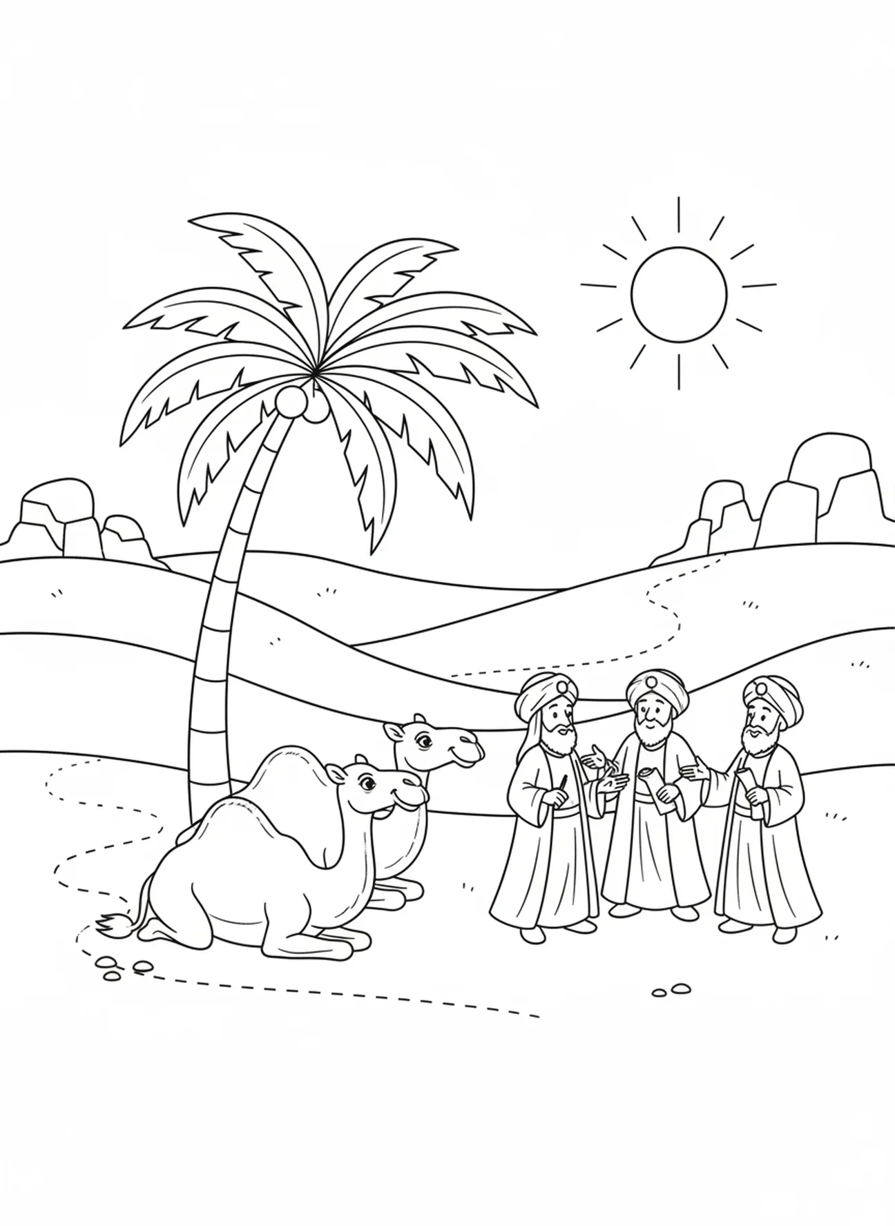 Kamele ruhen unter einer Palme, Malvorlage der Weisen Kamele für Kinder im Alter von 5-10 Jahren