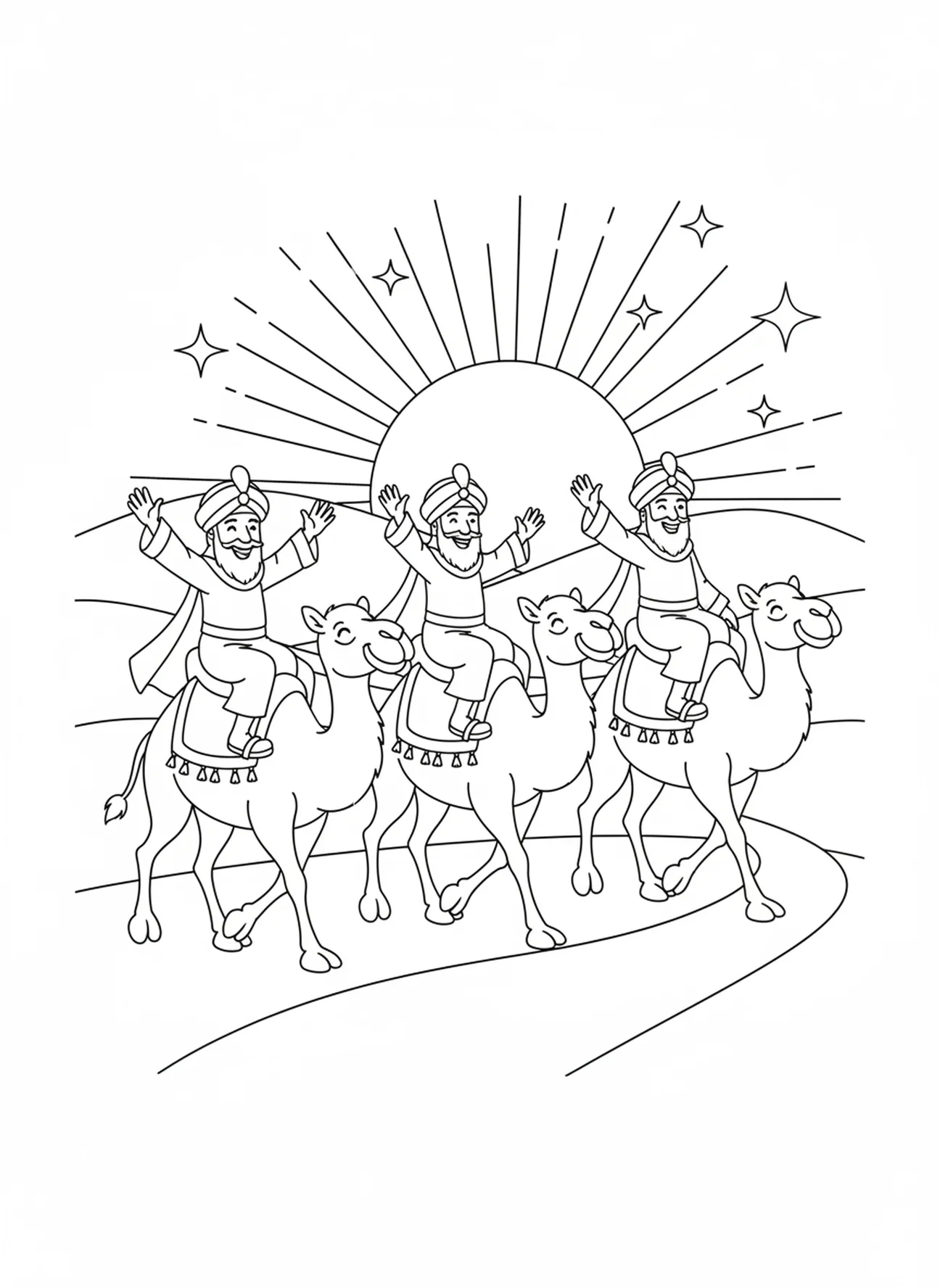 Die Weisen reiten auf Kamelen nach Hause, Ausmalbild der Weisen für Kinder im Alter von 5-10 Jahren