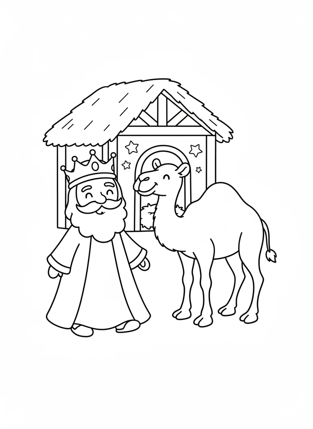 Sábio chegando a um estábulo, página de colorir dos Reis Magos com camelos para crianças de 3 a 5 anos