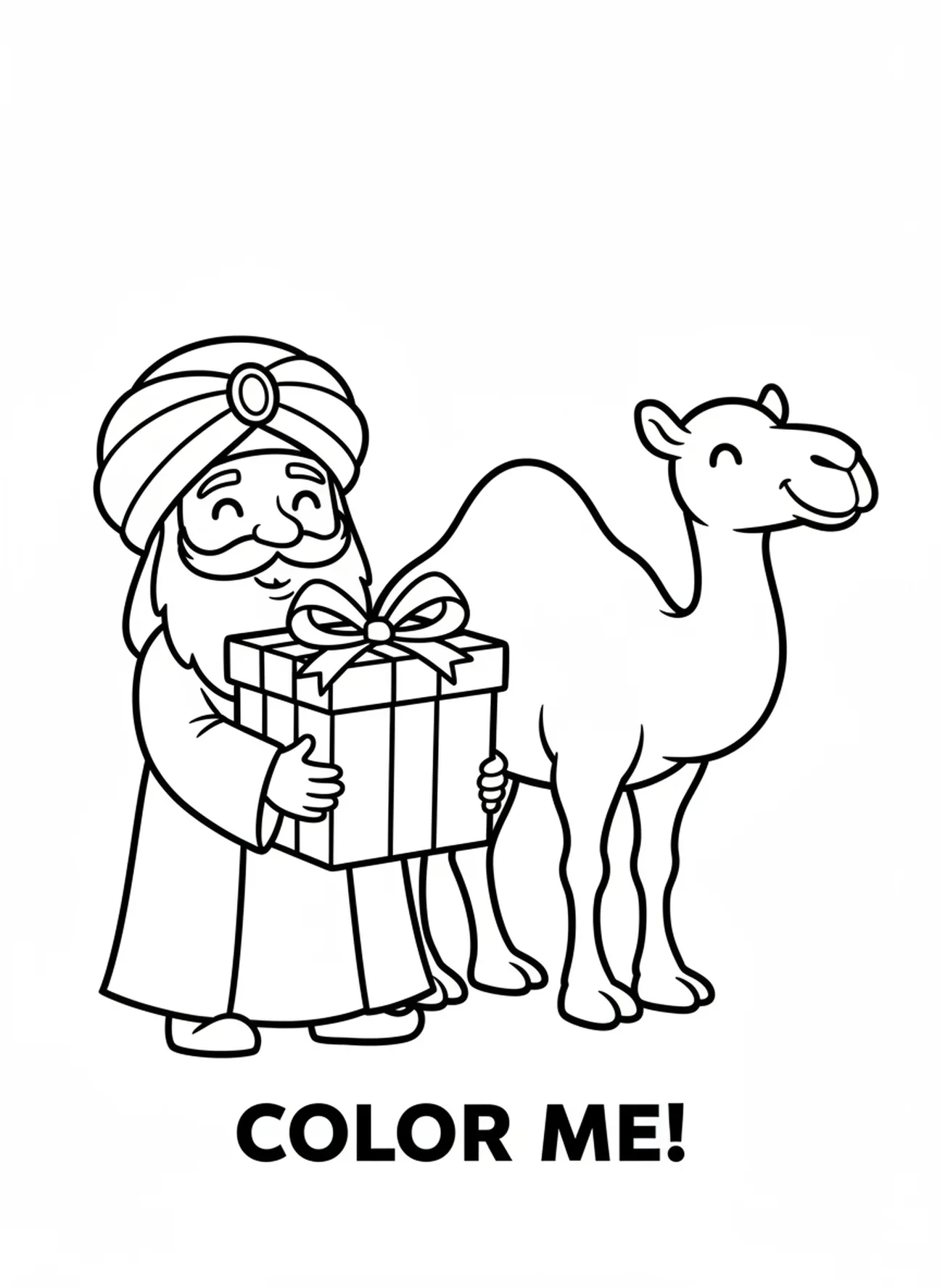 Sábio segurando um presente, página para colorir dos Reis Magos com camelos para crianças de 3 a 5 anos