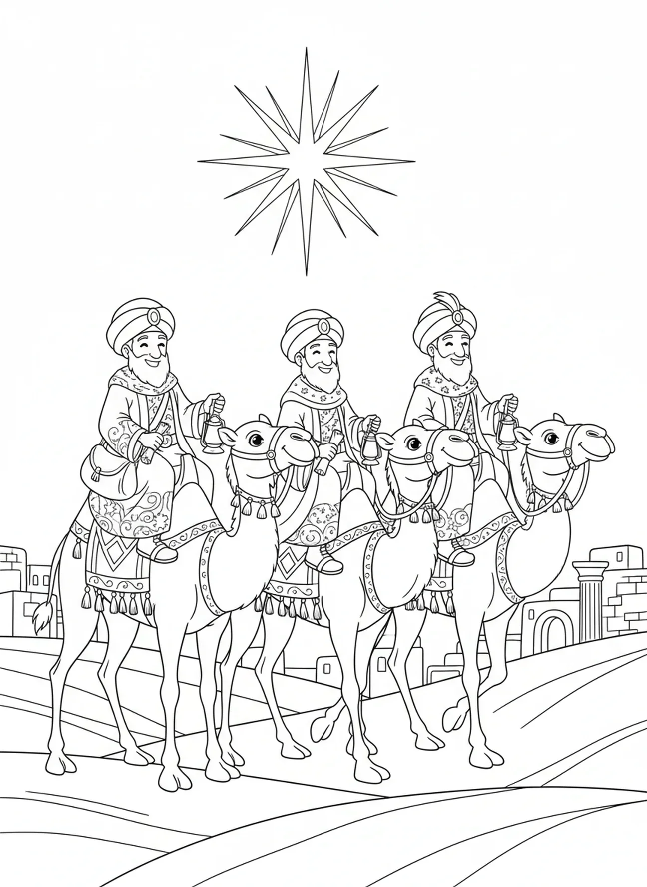 Os Magos em camelos voltando para casa, página de colorir dos Magos em camelos para crianças da Escola Dominical de 5 a 12 anos
