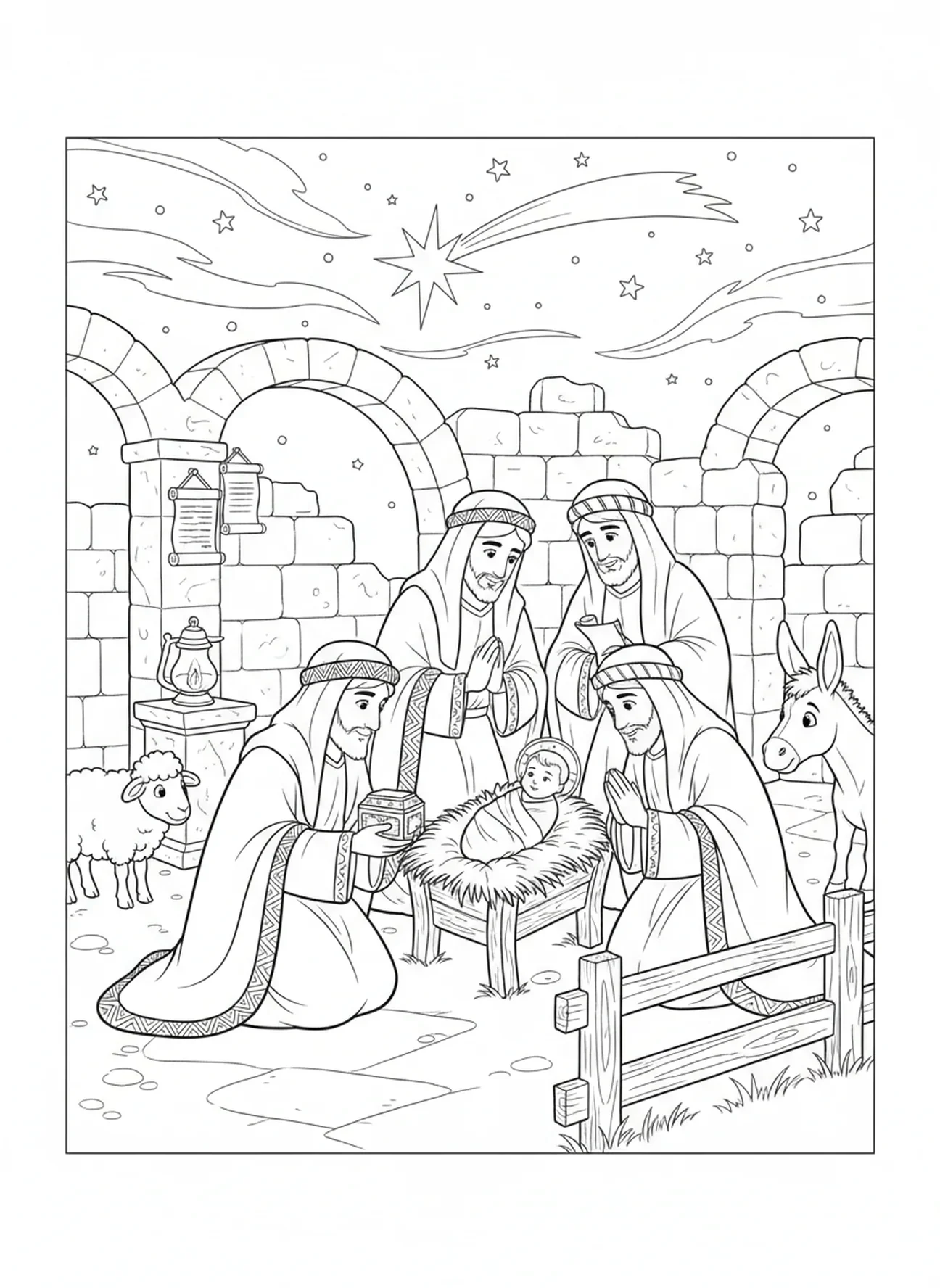 Os Reis Magos adorando Jesus no presépio, página para colorir dos Reis Magos e camelos para crianças de 5 a 12 anos na Escola Dominical