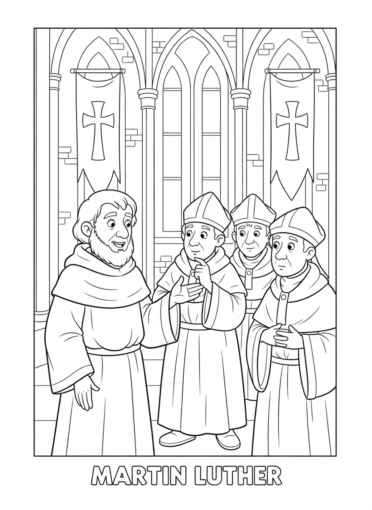 Debattenszene, Ausmalbild zum Reformationstag für Kinder im Alter von 5-10 Jahren.