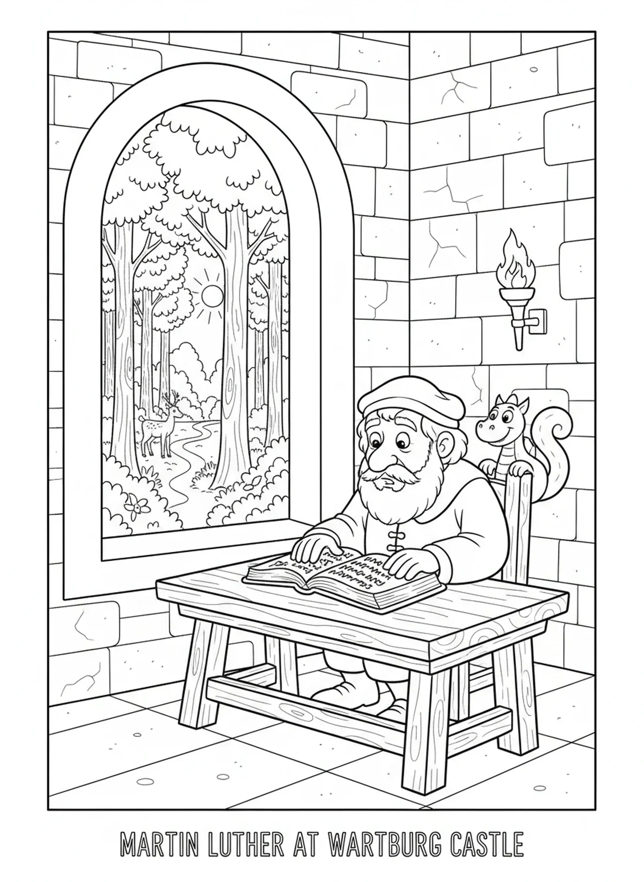 Luther im Schloss, Ausmalbild zum Reformationstag für Kinder im Alter von 5-10 Jahren.