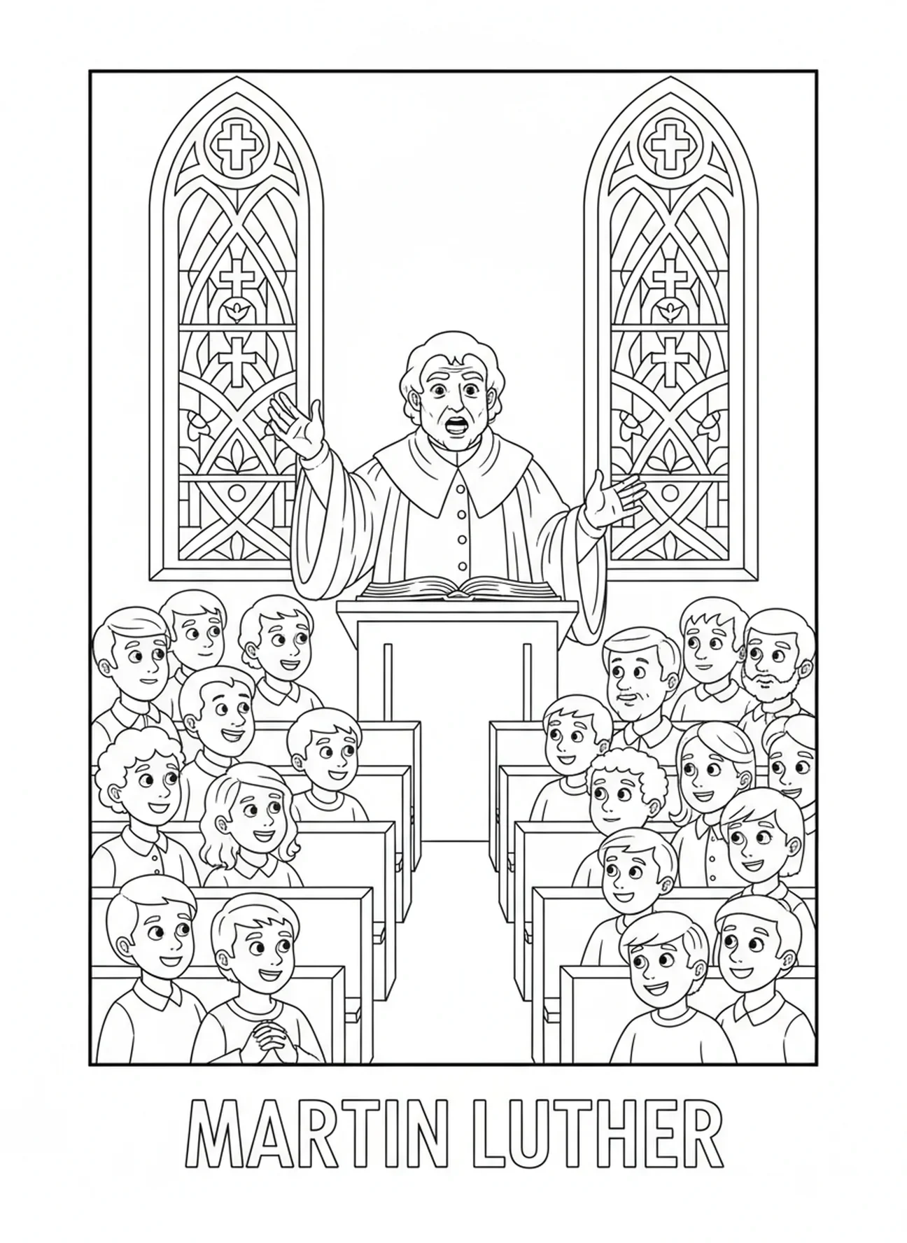 Luther predigt, Ausmalbild zum Reformationstag für Kinder im Alter von 5-10 Jahren.