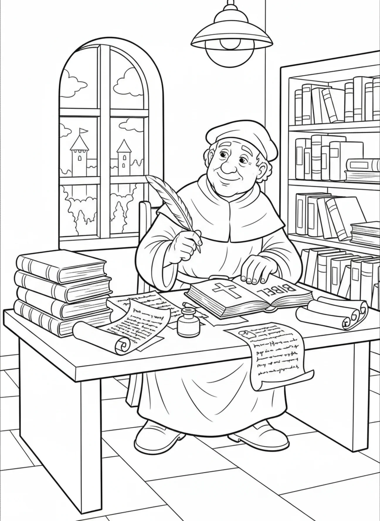 Martin Luther beim Übersetzen, Ausmalbild zum Reformationstag für Kinder im Alter von 5-10 Jahren.