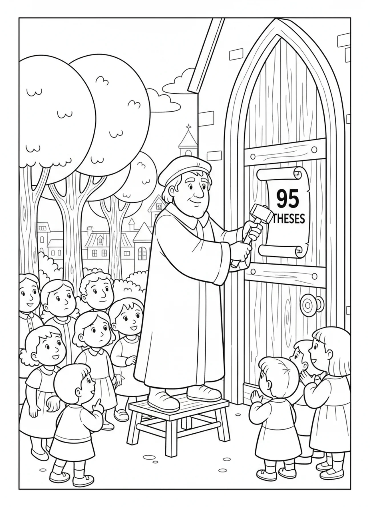 Martin Luther, Ausmalbild zum Reformationstag für Kinder im Alter von 5-10 Jahren.