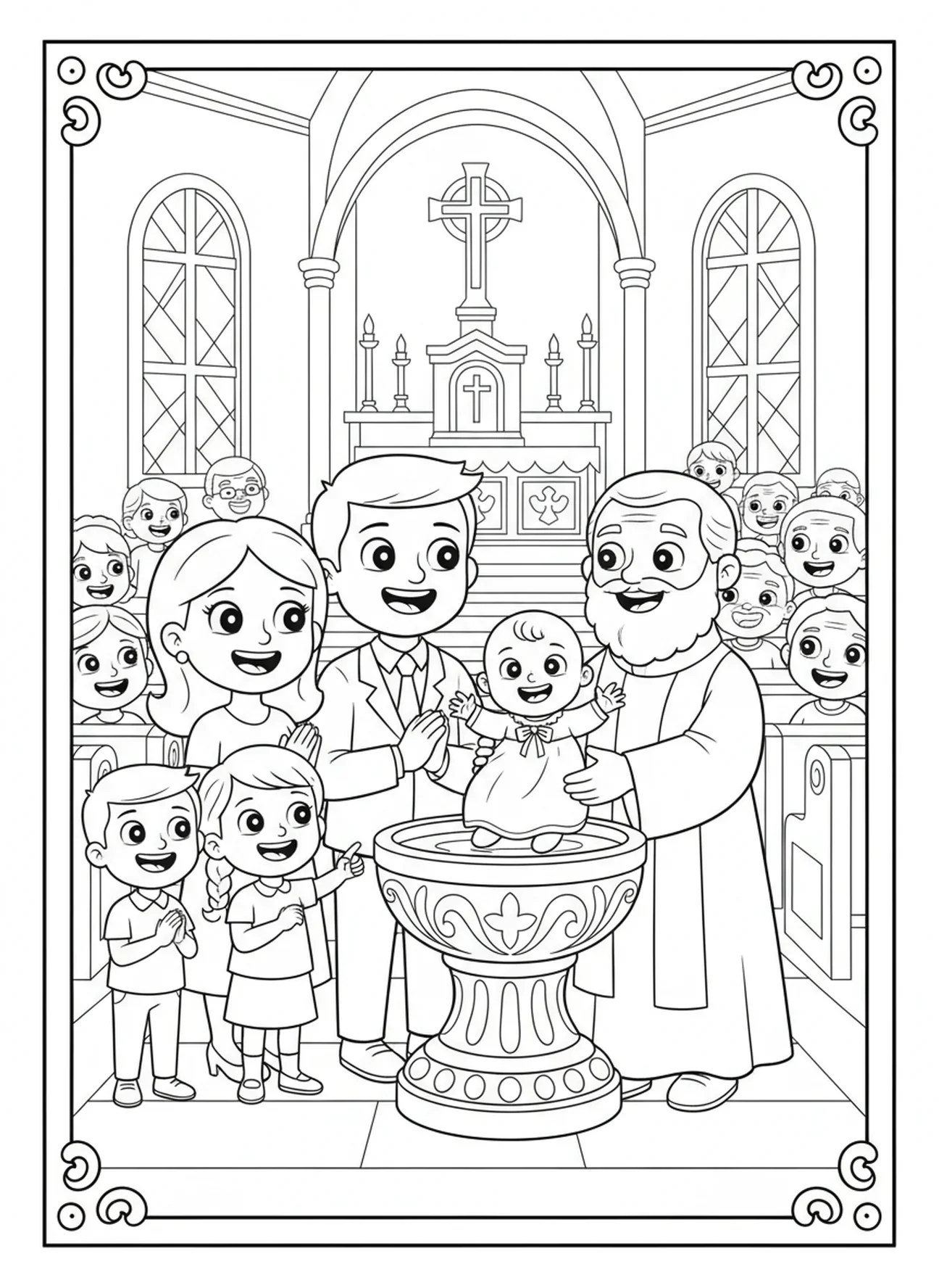 Página para colorir da cerimônia de batismo de bebê, Igreja Católica, para crianças de 5 a 10 anos.