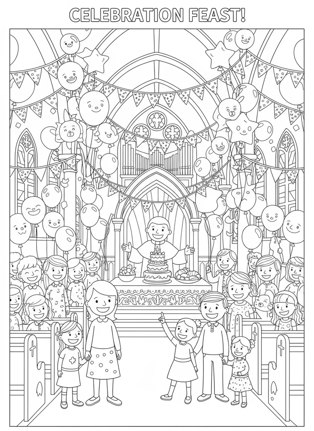 Celebração com balões, página de colorir de um prédio da Igreja Católica para crianças de 5 a 10 anos.