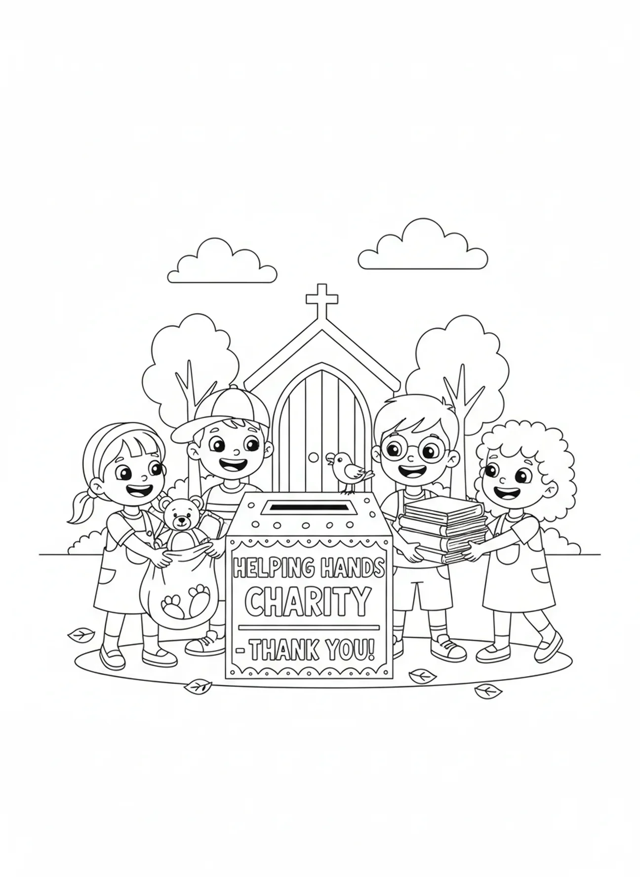 Crianças coletando doações, página para colorir de um edifício da Igreja Católica para crianças de 5 a 10 anos.