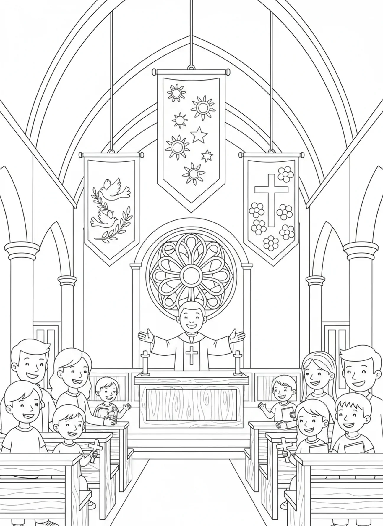 Famílias reunidas dentro da Igreja Católica, página de colorir para crianças de 5 a 10 anos.