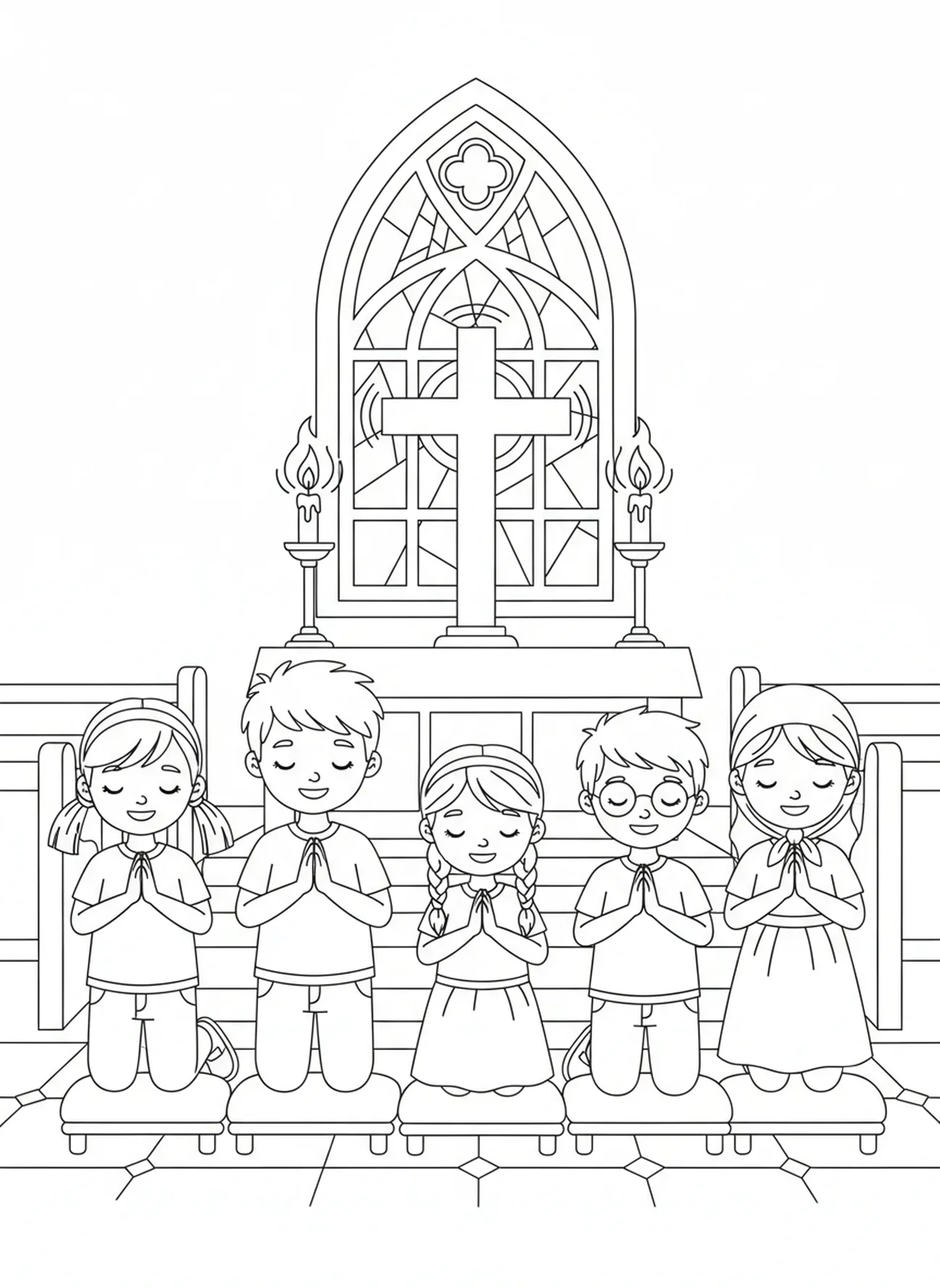 Crianças orando, página para colorir de uma Igreja Católica para crianças de 5 a 10 anos.
