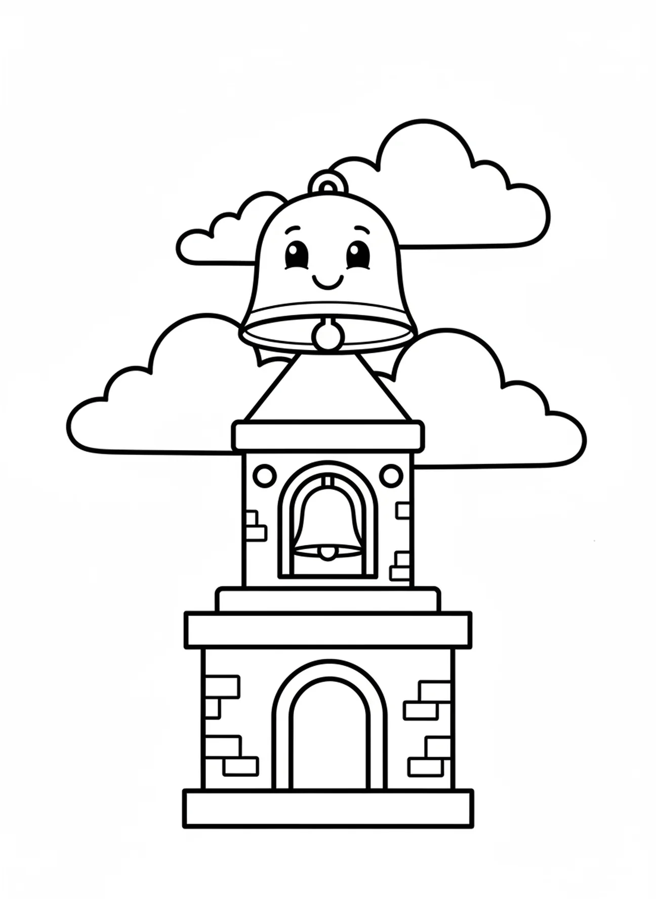 Grande torre de sino em desenho animado, página de colorir de Igreja Católica para crianças de 3 a 5 anos.