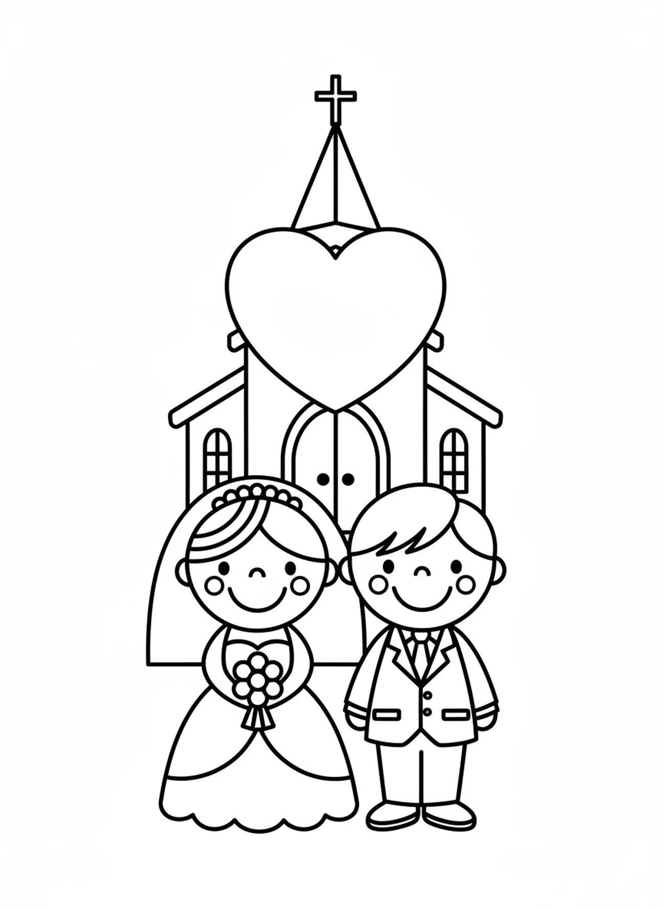 Noivos felizes do lado de fora da igreja, página para colorir de Igreja Católica para crianças de 3 a 5 anos.