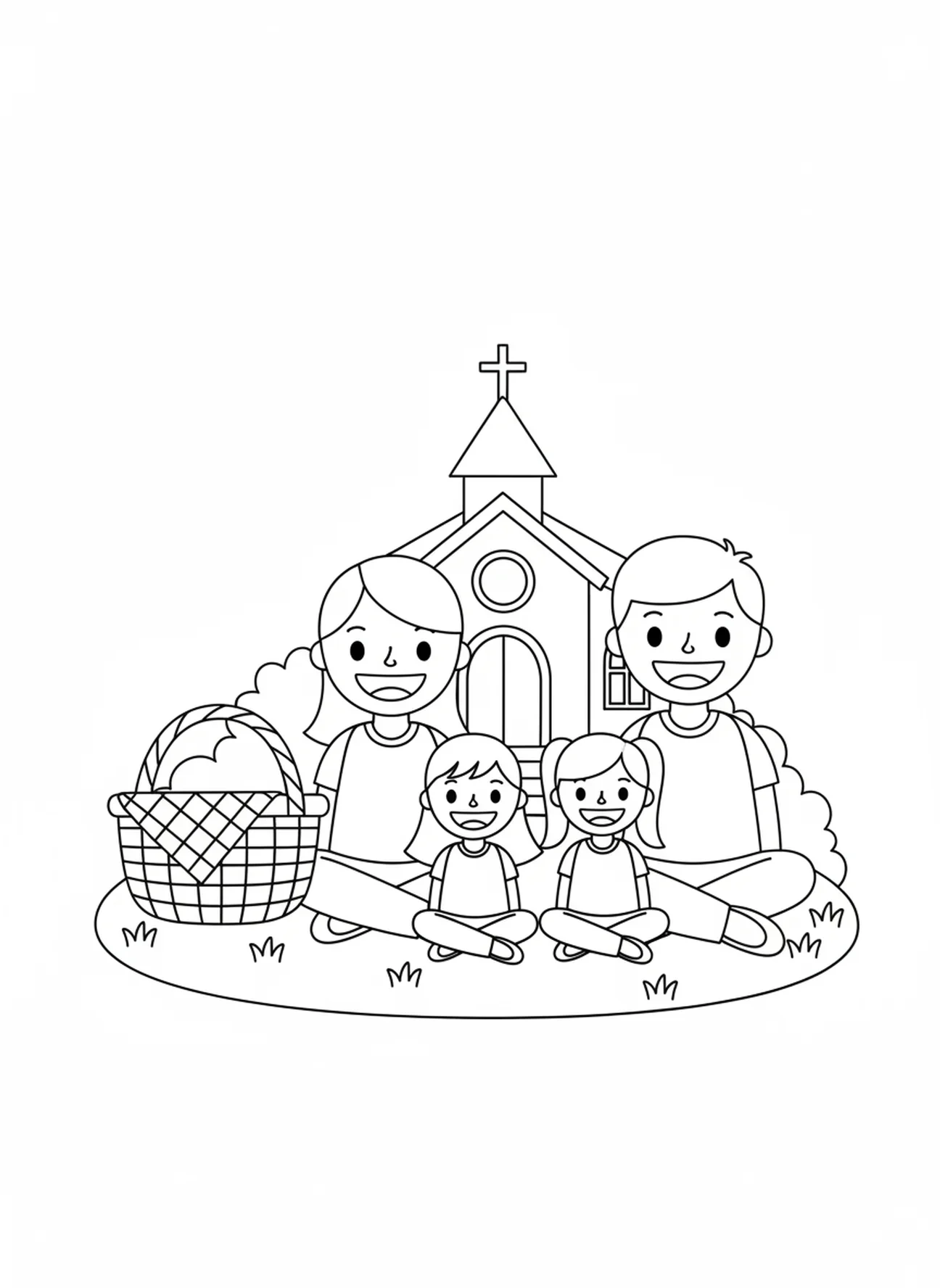 Família sorridente fazendo piquenique perto da igreja, página para colorir da Igreja Católica para crianças de 3 a 5 anos.
