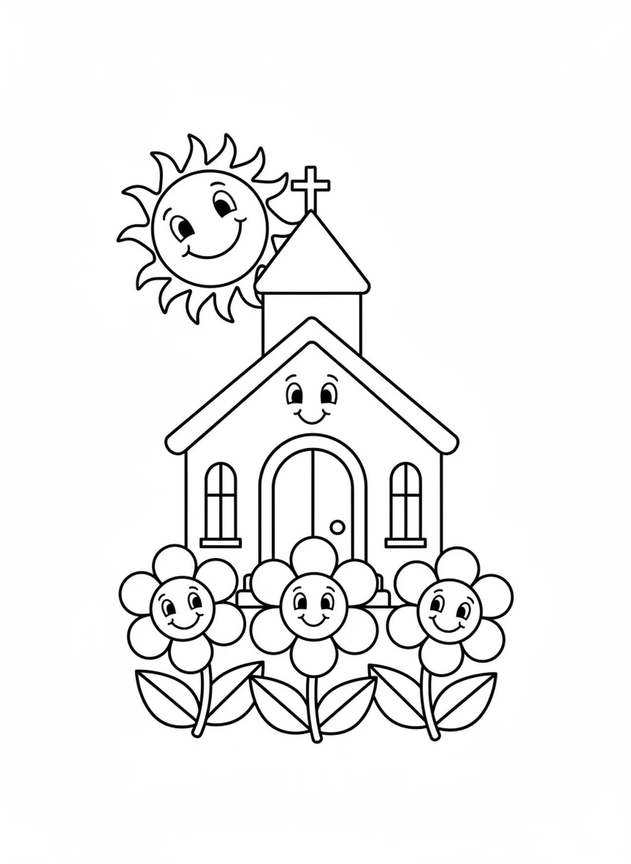 Igreja encantadora com flores, página para colorir de Igreja Católica para crianças de 3 a 5 anos.