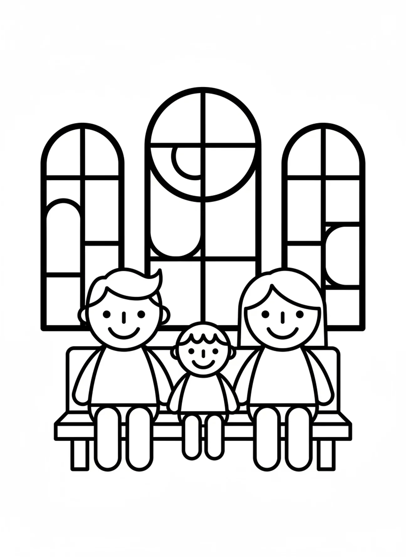Família feliz no banco, página para colorir de Igreja Católica para crianças de 3 a 5 anos.