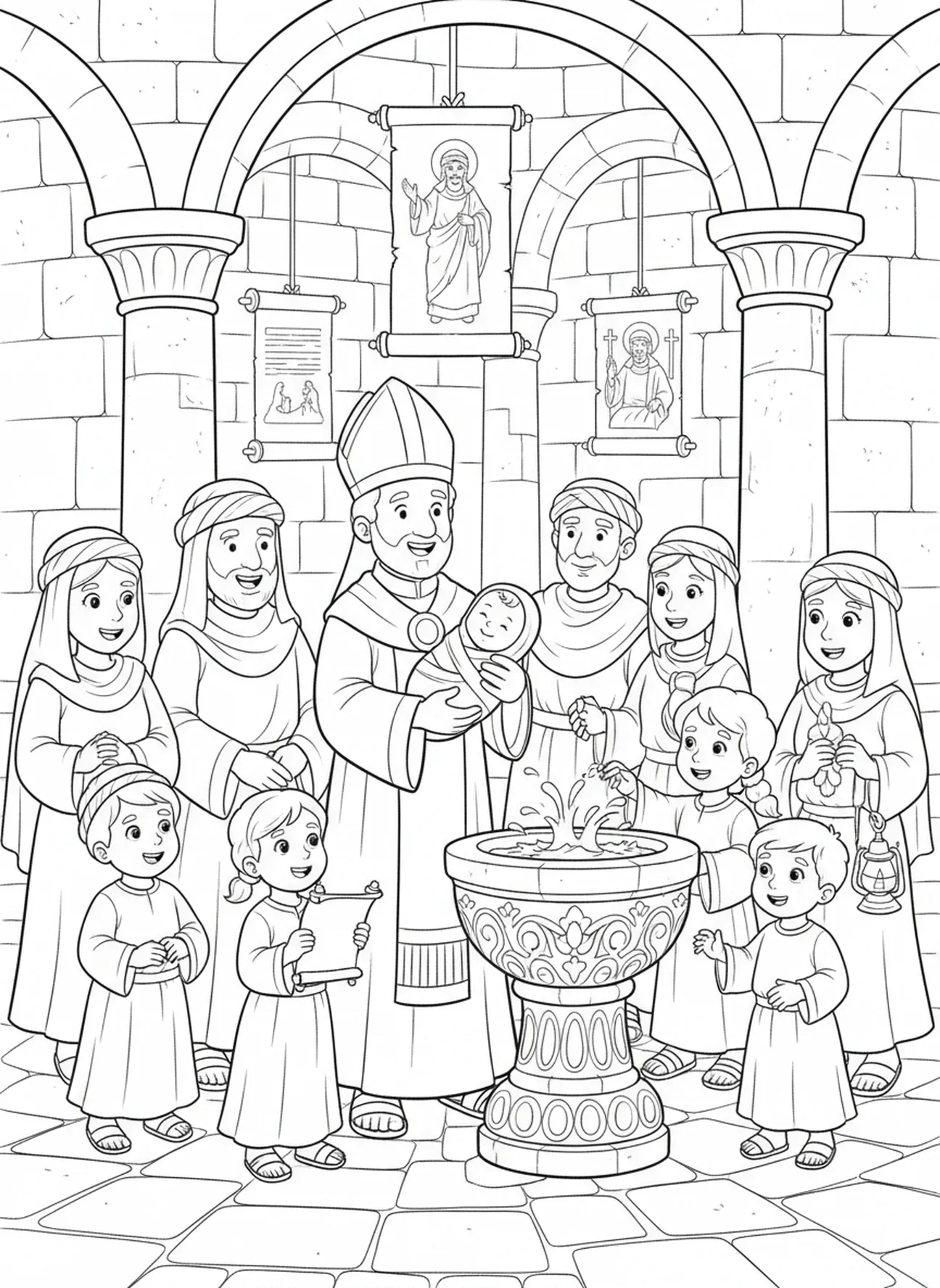 Página para colorir de uma alegre cerimônia de batismo, edifício da Igreja Católica para crianças da Escola Dominical de 5 a 12 anos.